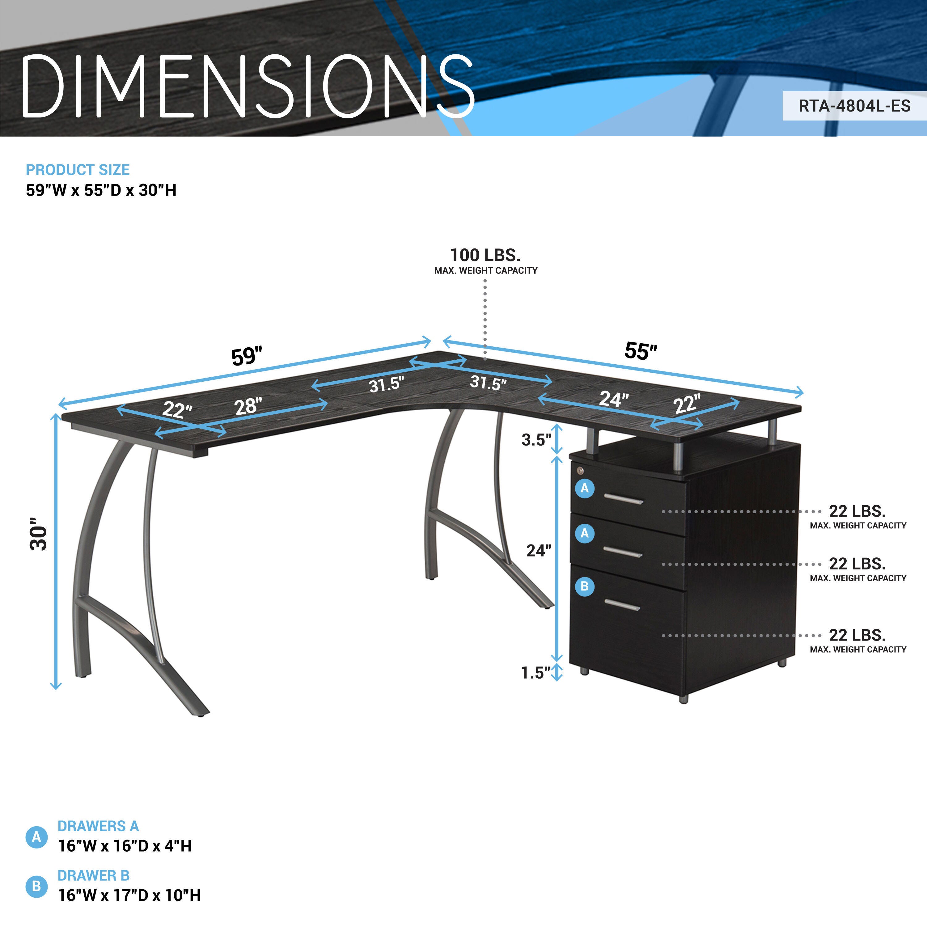 Techni Mobili Modern L- Shaped Computer Desk with File Cabinet, , large