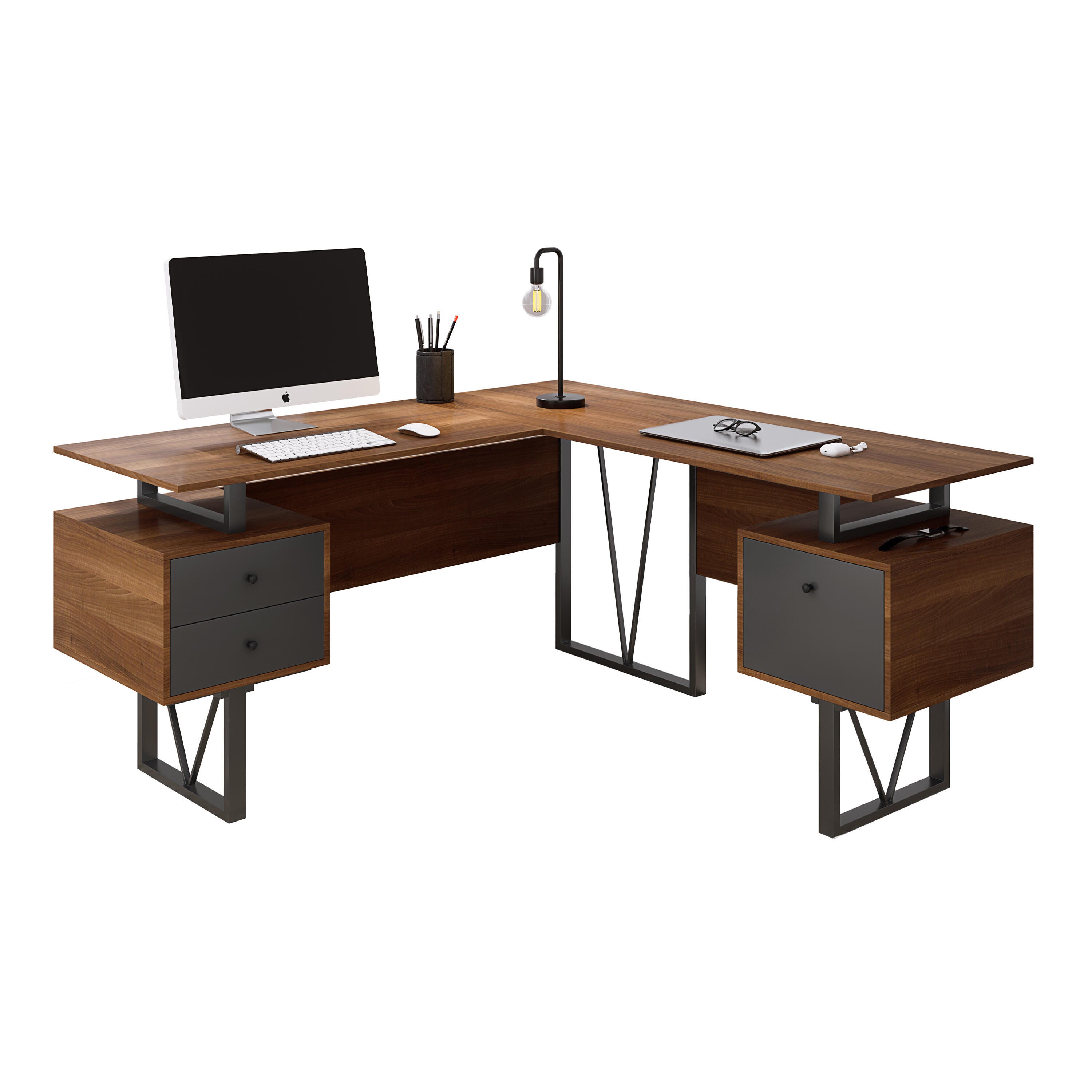 Techni Mobili Reversible L-Shape Computer Desk with Drawers, , large