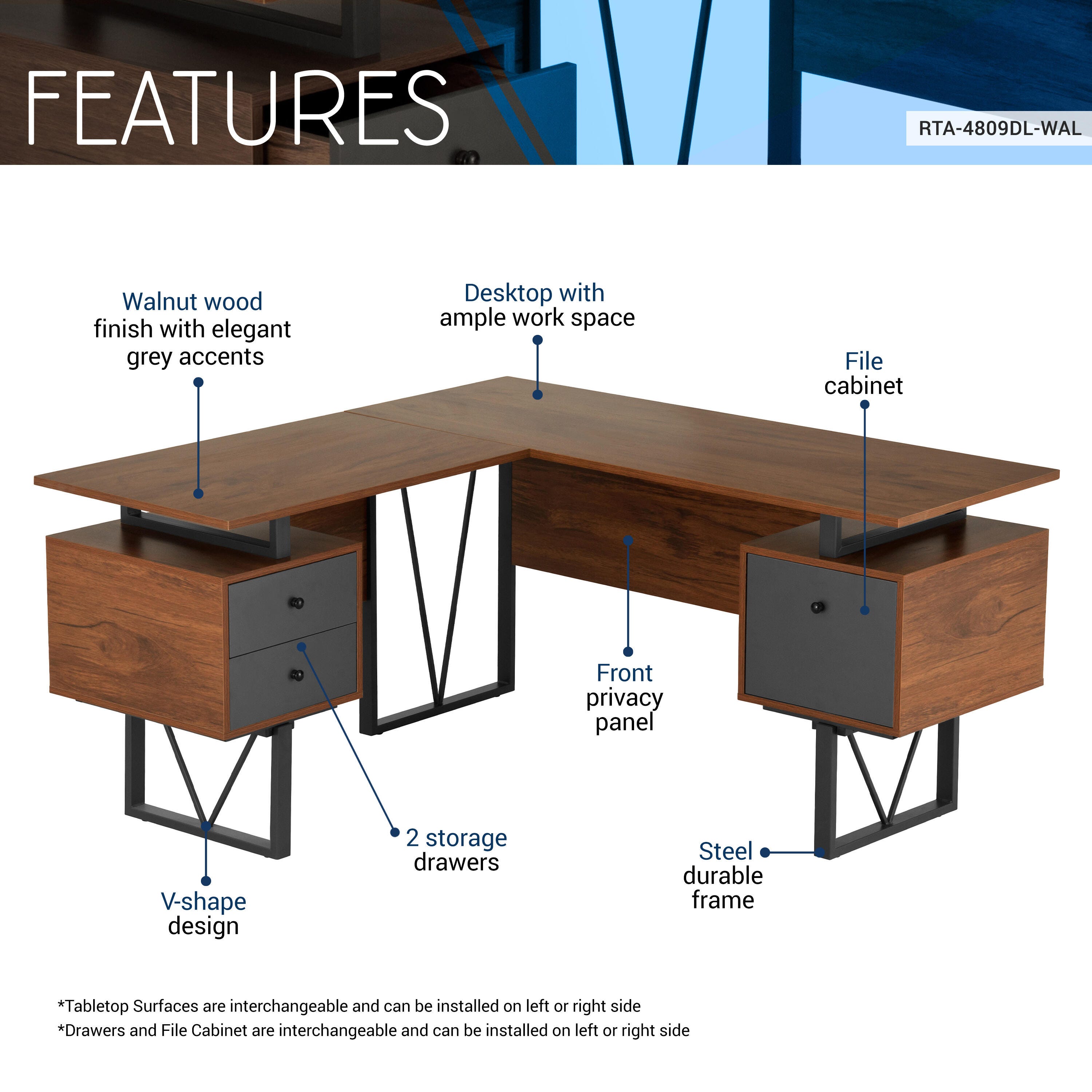 Techni Mobili Reversible L-Shape Computer Desk with Drawers, , large