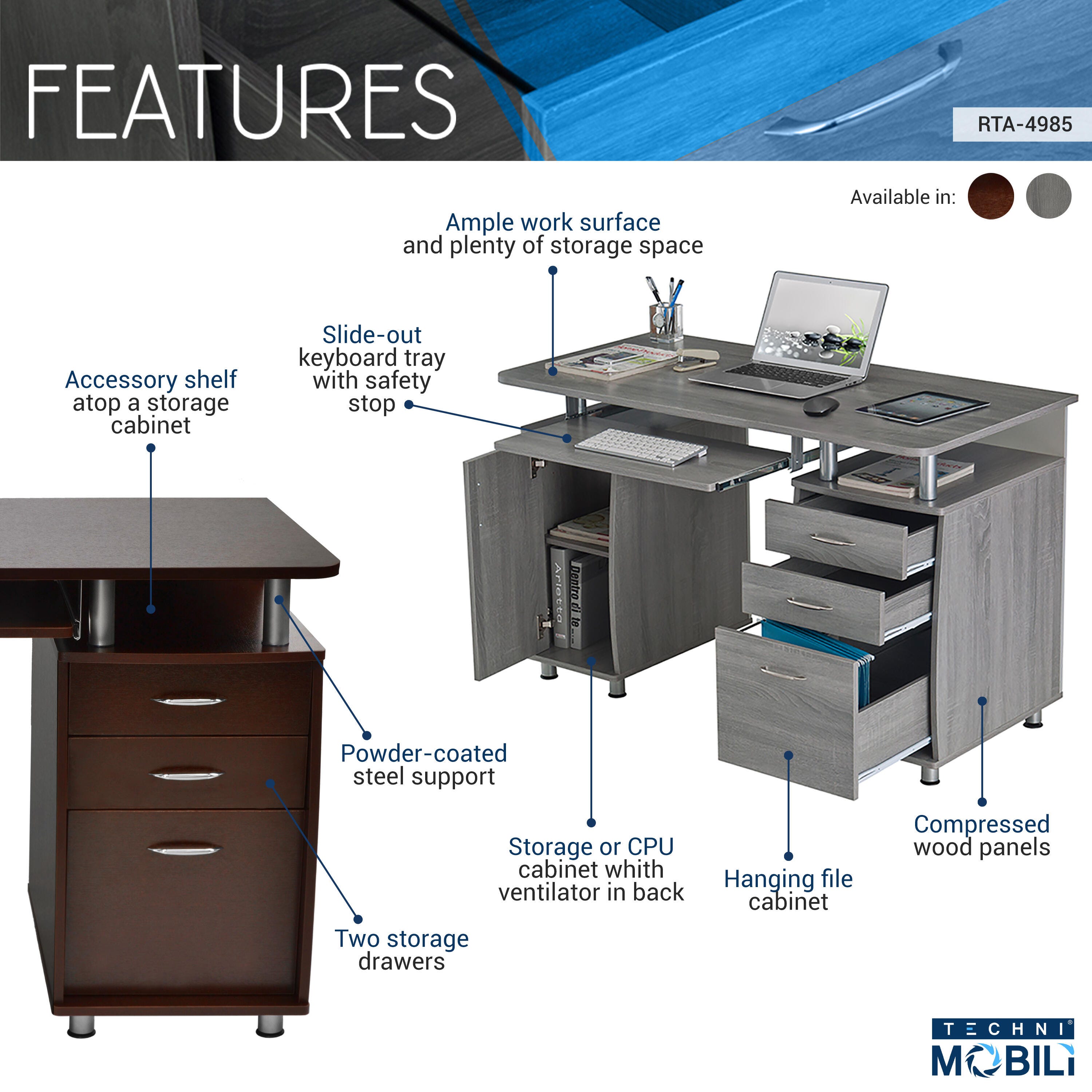 Techni Mobili Workstation Computer Desk with Storage, Chocolate, large