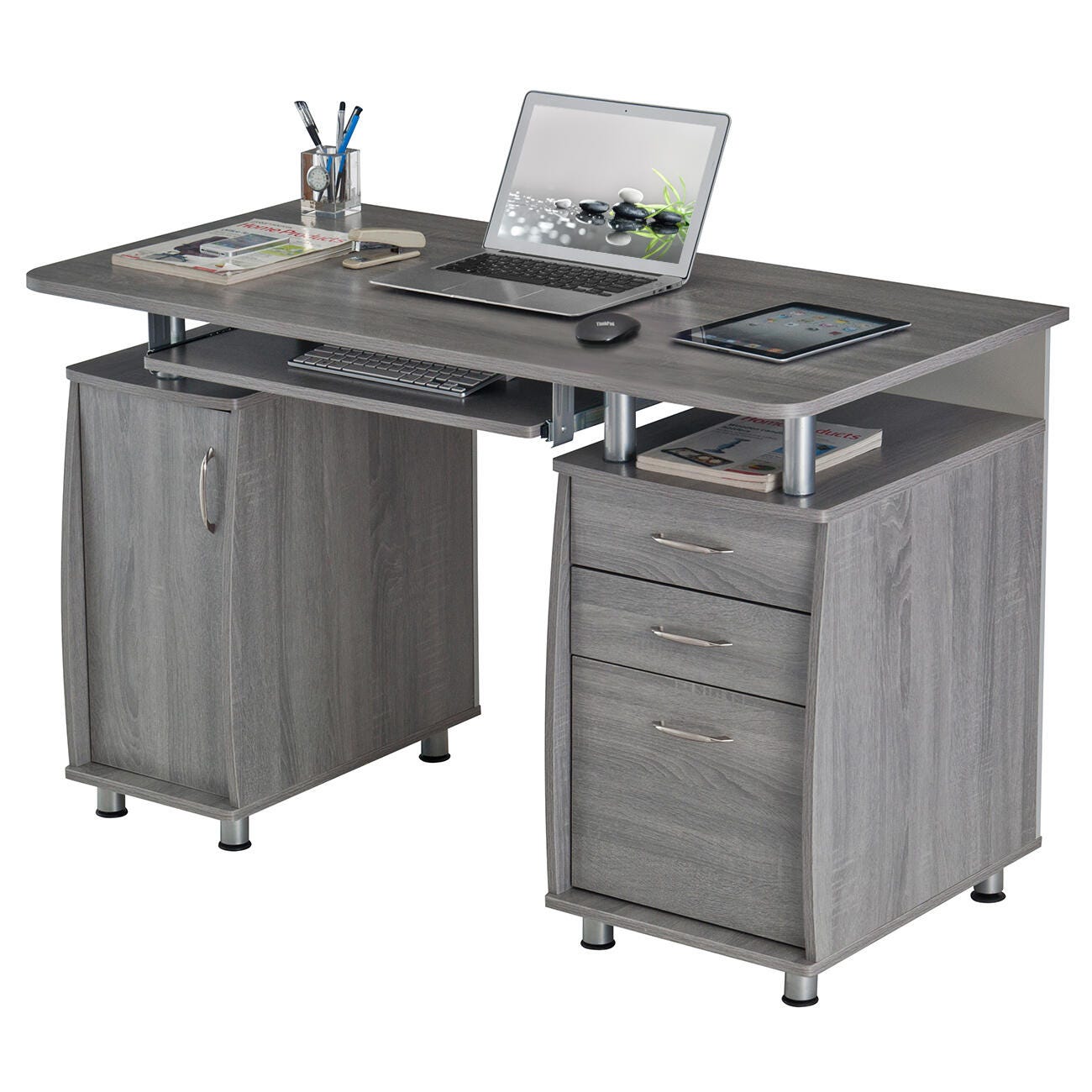 Techni Mobili Workstation Computer Desk with Storage, Gray, large