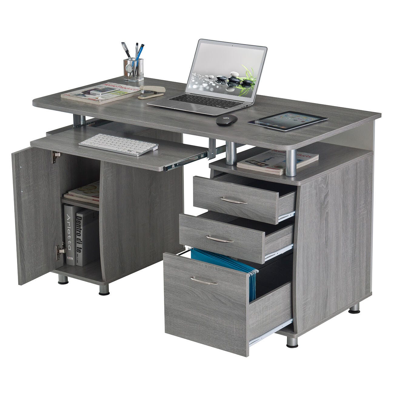 Techni Mobili Workstation Computer Desk with Storage, Gray, large