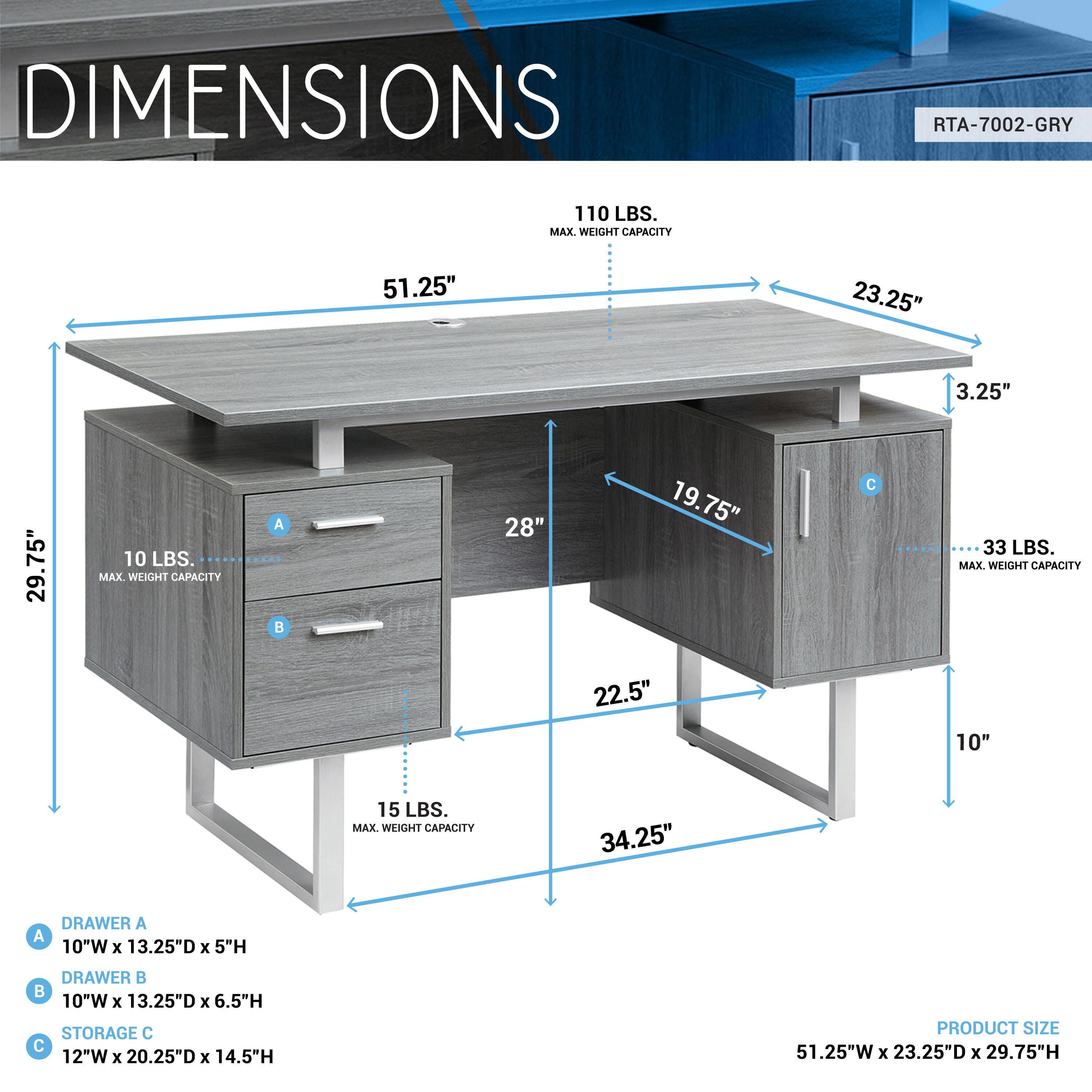 Techni Mobili Modern Office Desk with Storage, , large