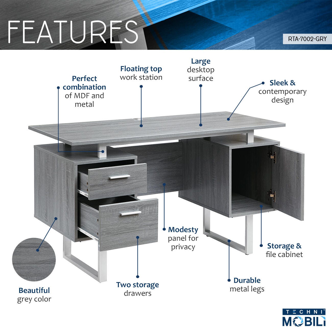 Techni Mobili Modern Office Desk with Storage, , large