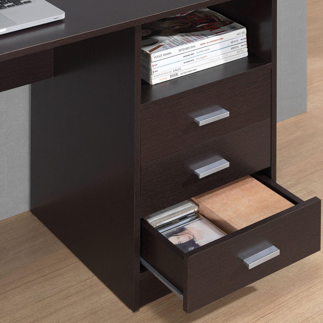 Techni Mobili Computer Desk with Drawers, Wenge, large