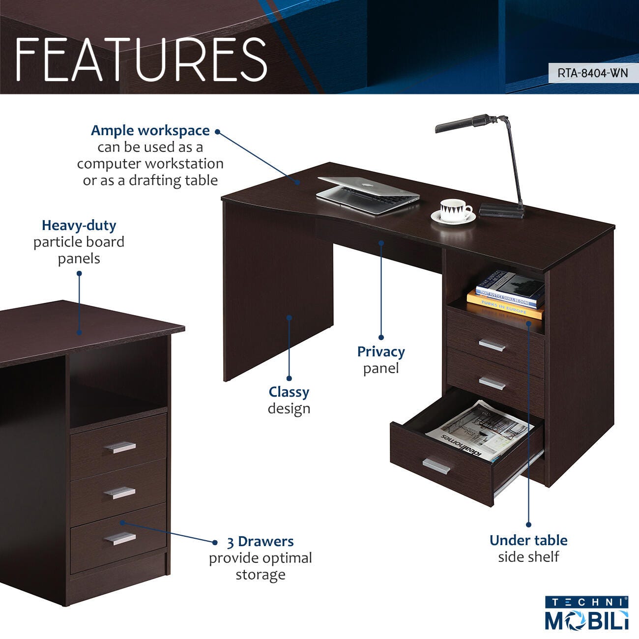Techni Mobili Computer Desk with Drawers, Wenge, large