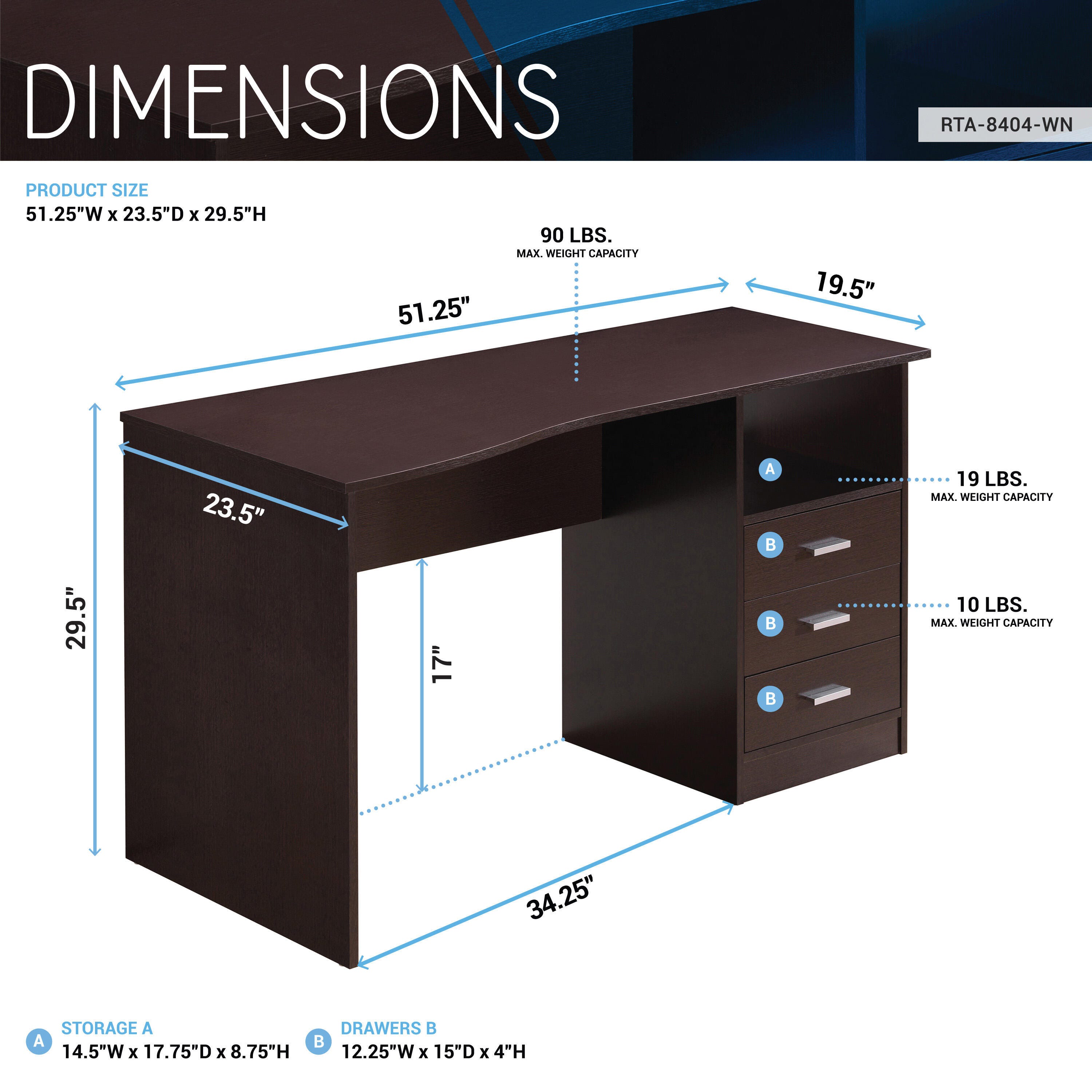 Techni Mobili Computer Desk with Drawers, Wenge, large