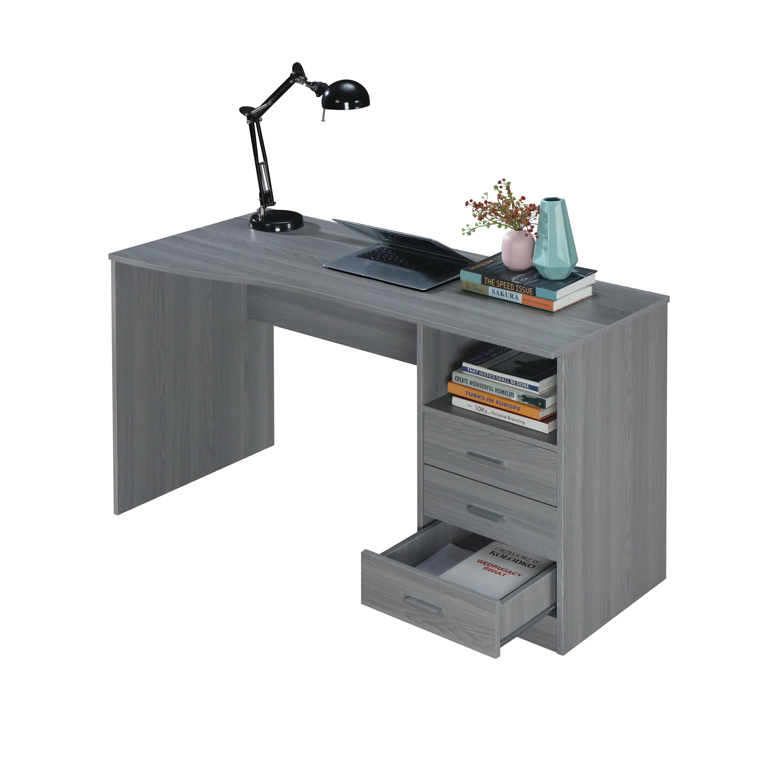Techni Mobili Computer Desk with Drawers, Gray, large