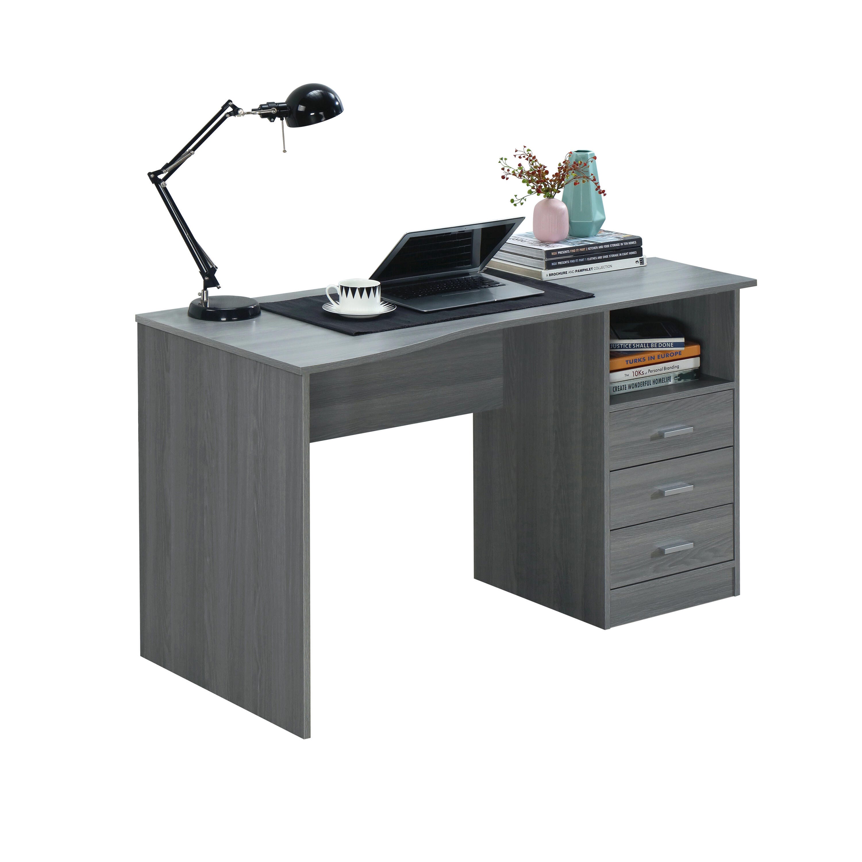 Techni Mobili Computer Desk with Drawers, Gray, large