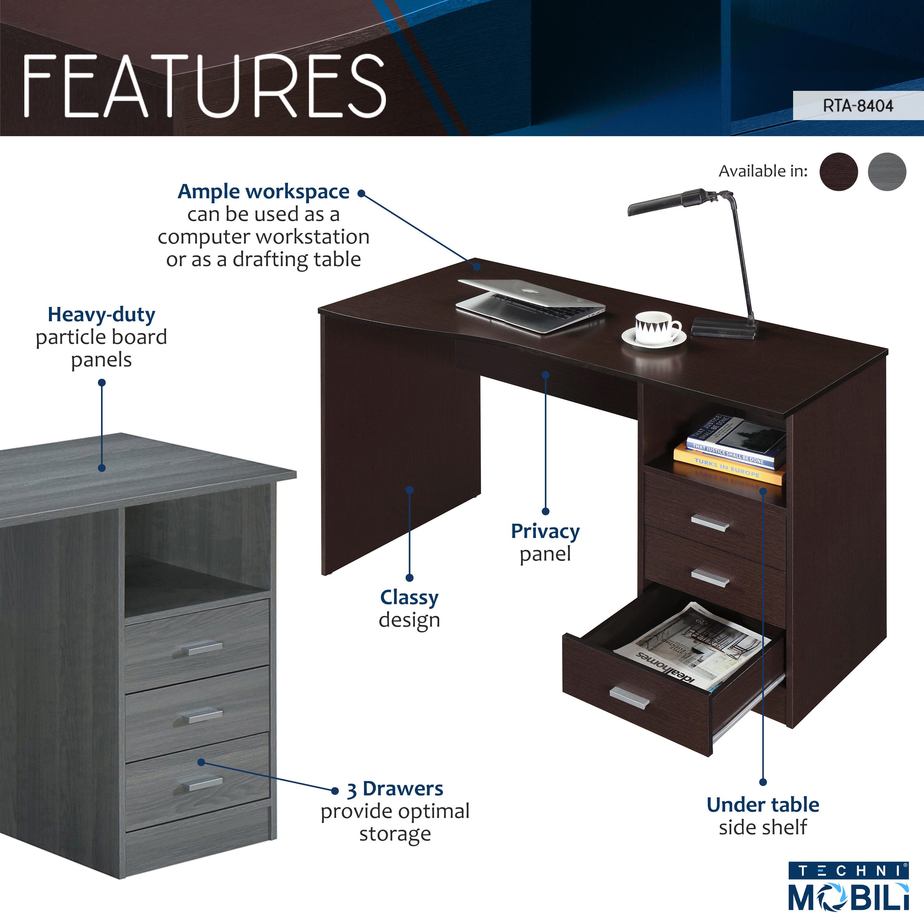 Techni Mobili Computer Desk with Drawers, Gray, large