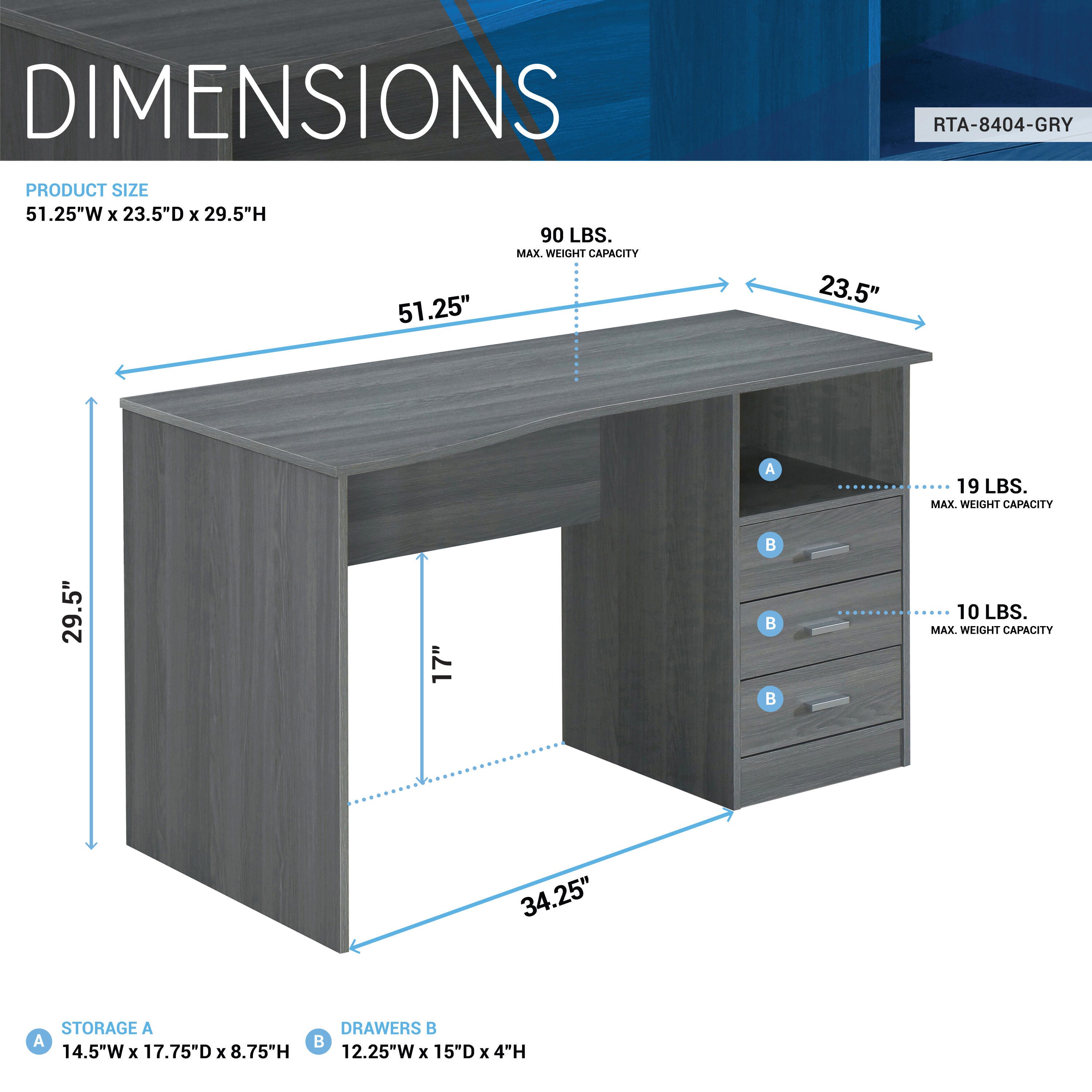 Techni Mobili Computer Desk with Drawers, Gray, large