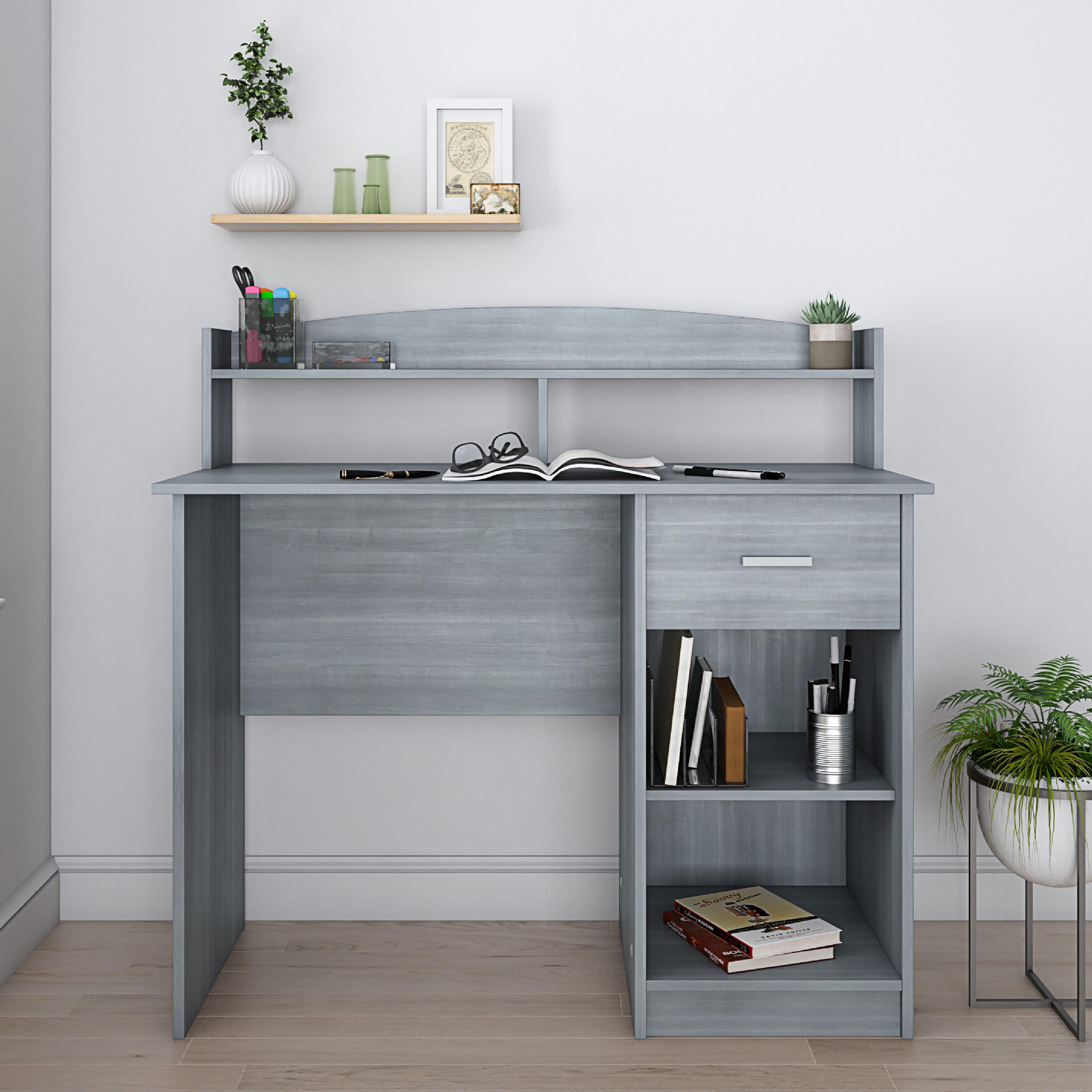 Techni Mobili Modern Office Desk with Hutch, Gray, large