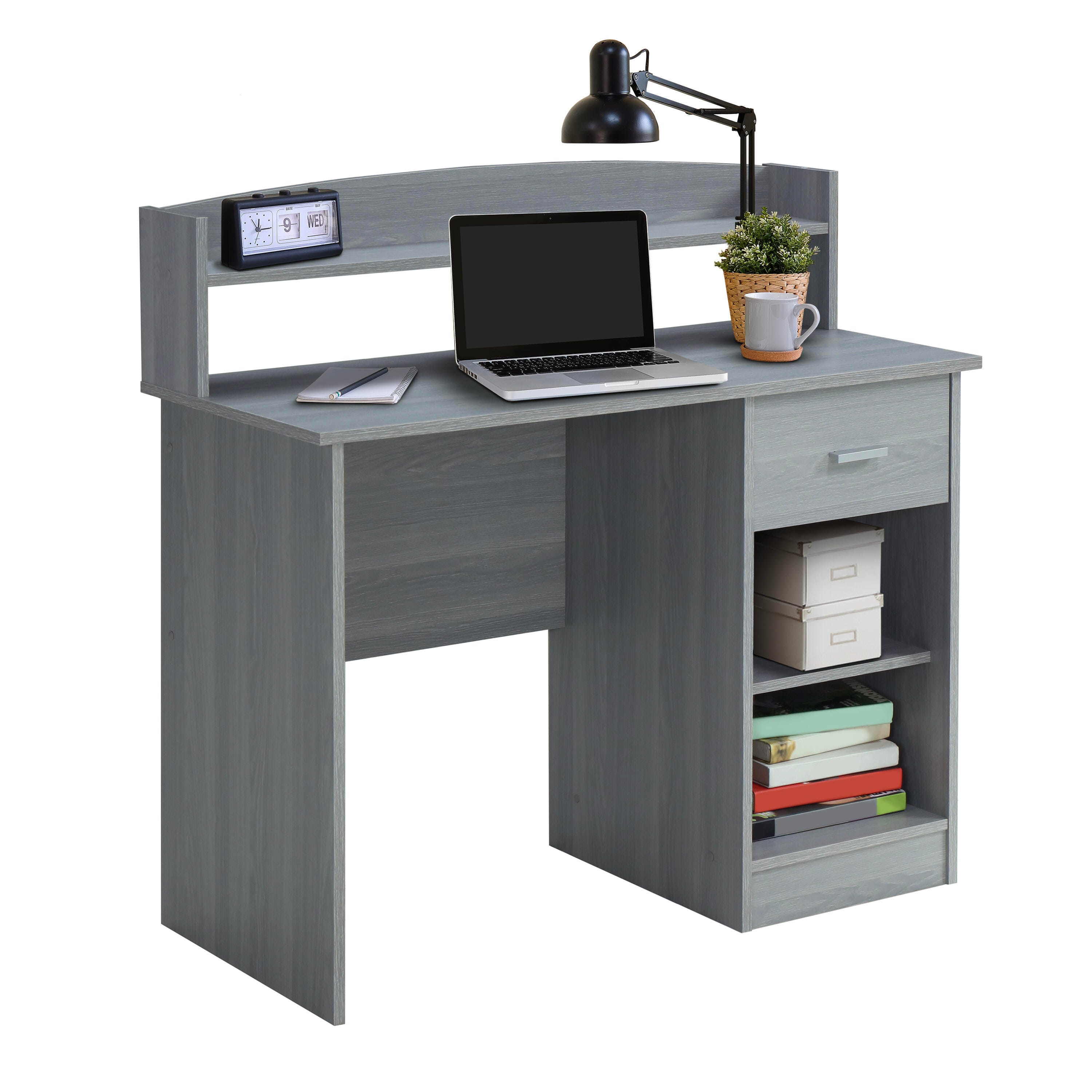 Techni Mobili Modern Office Desk with Hutch, Gray, large