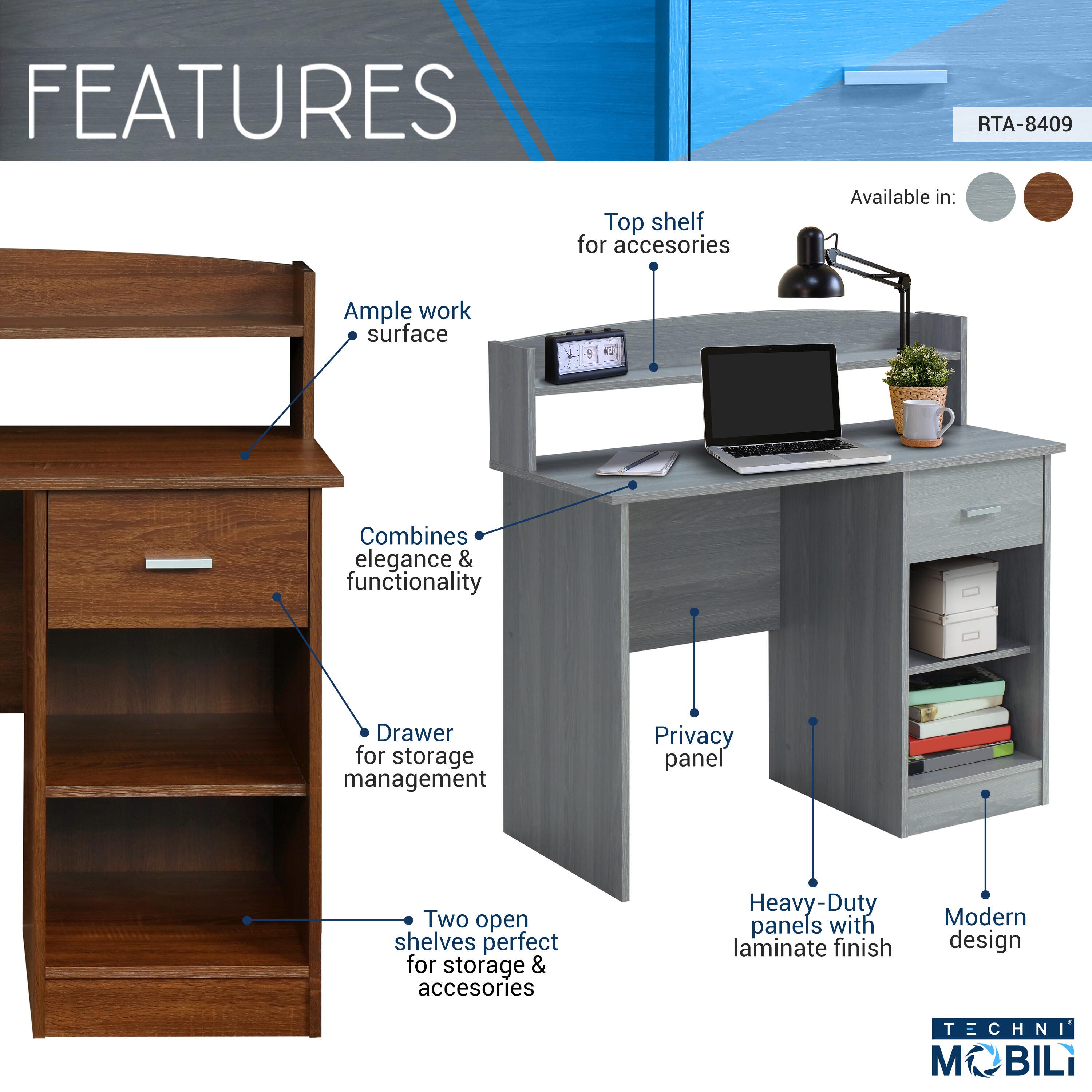 Techni Mobili Modern Office Desk with Hutch, Gray, large