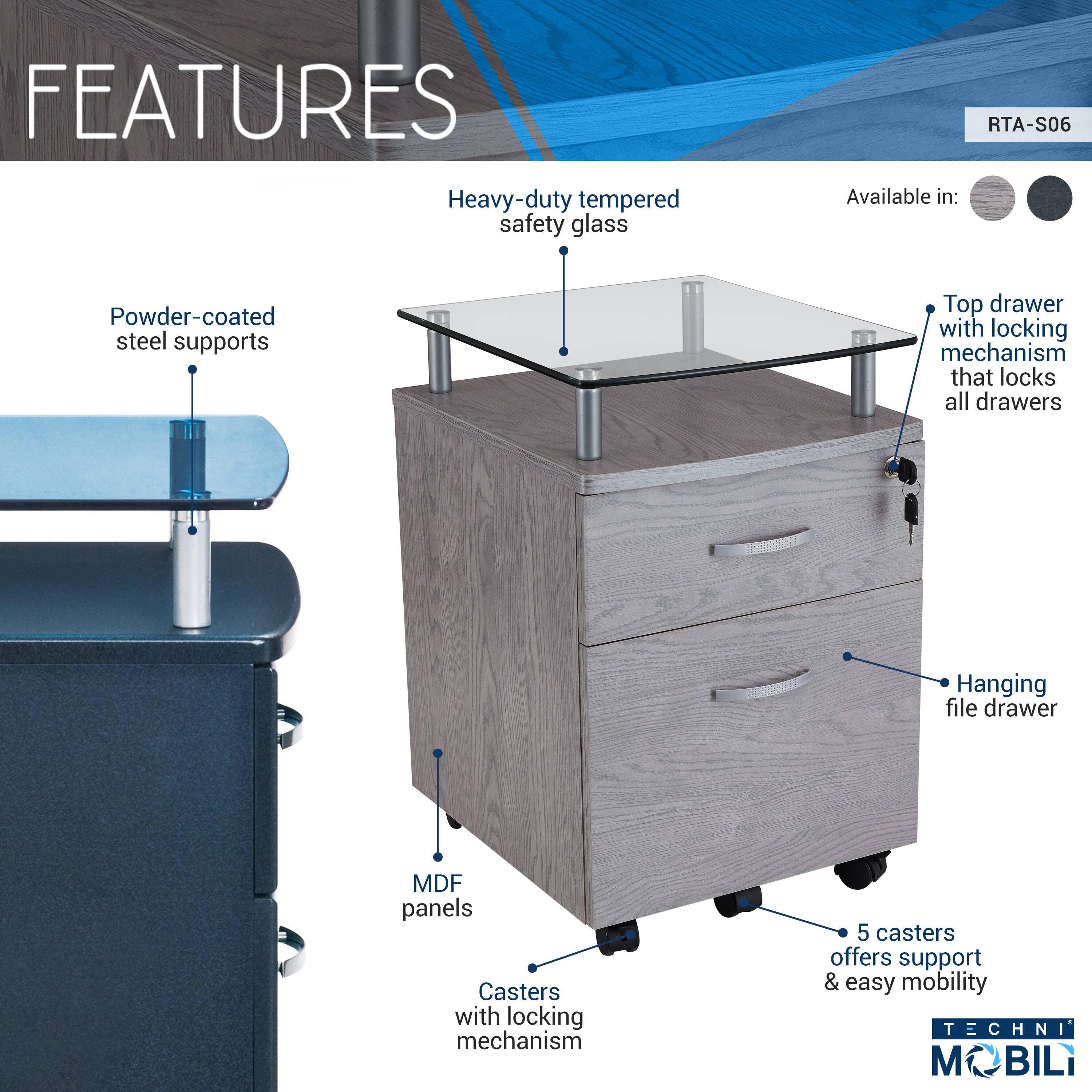 Techni Mobili Rolling File Cabinet with Glass Top, Graphite, large