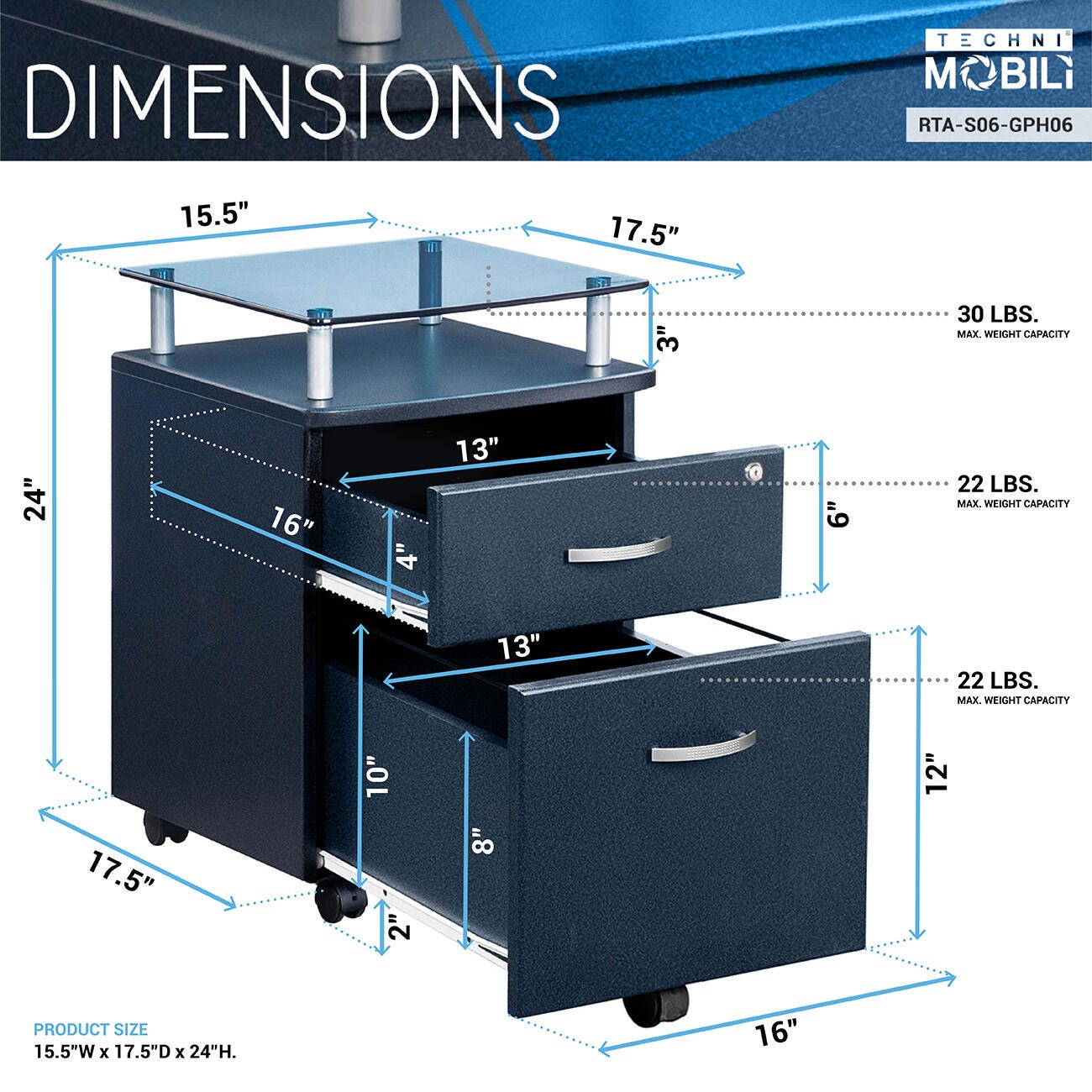 Techni Mobili Rolling File Cabinet with Glass Top, Graphite, large