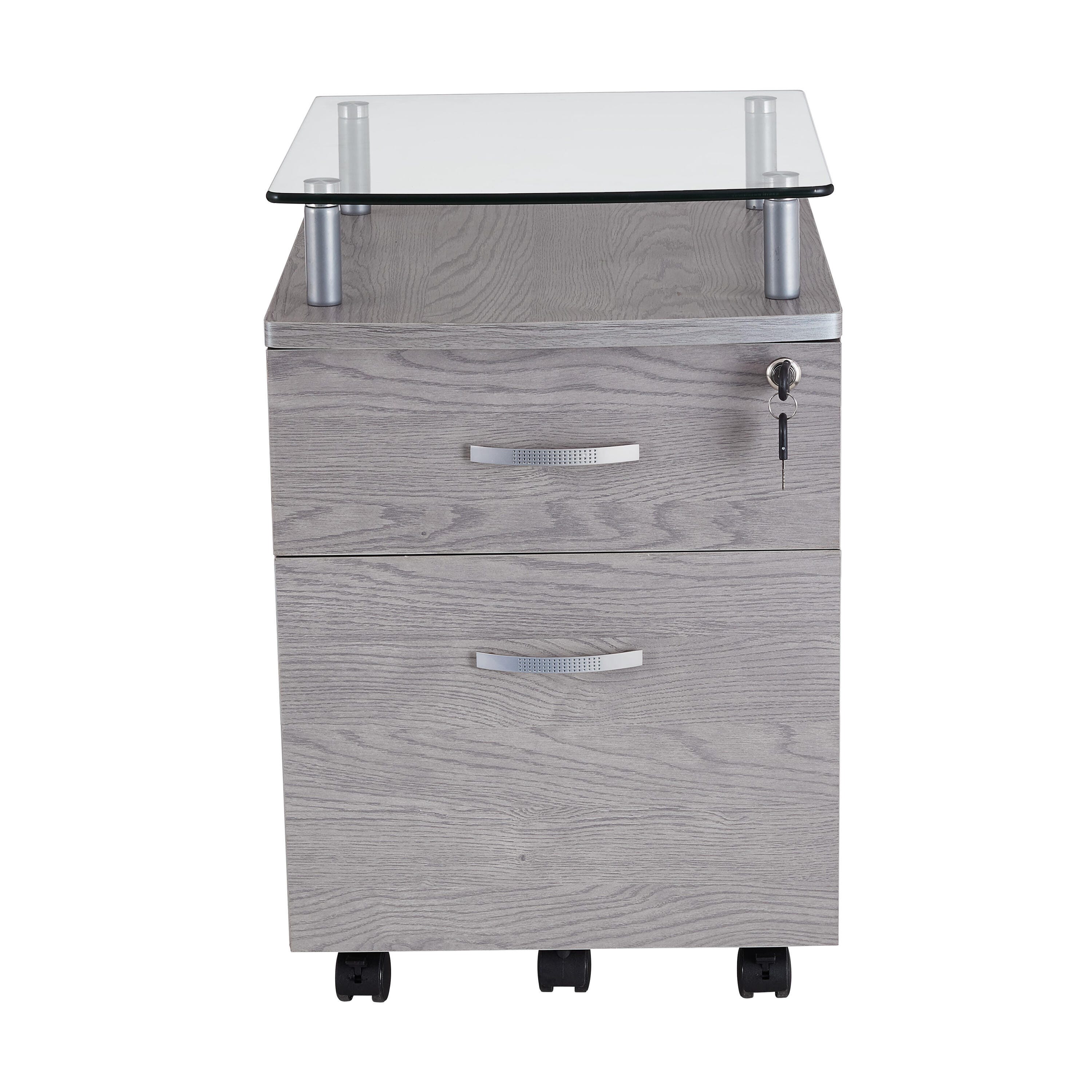 Techni Mobili Rolling File Cabinet with Glass Top, Gray, large