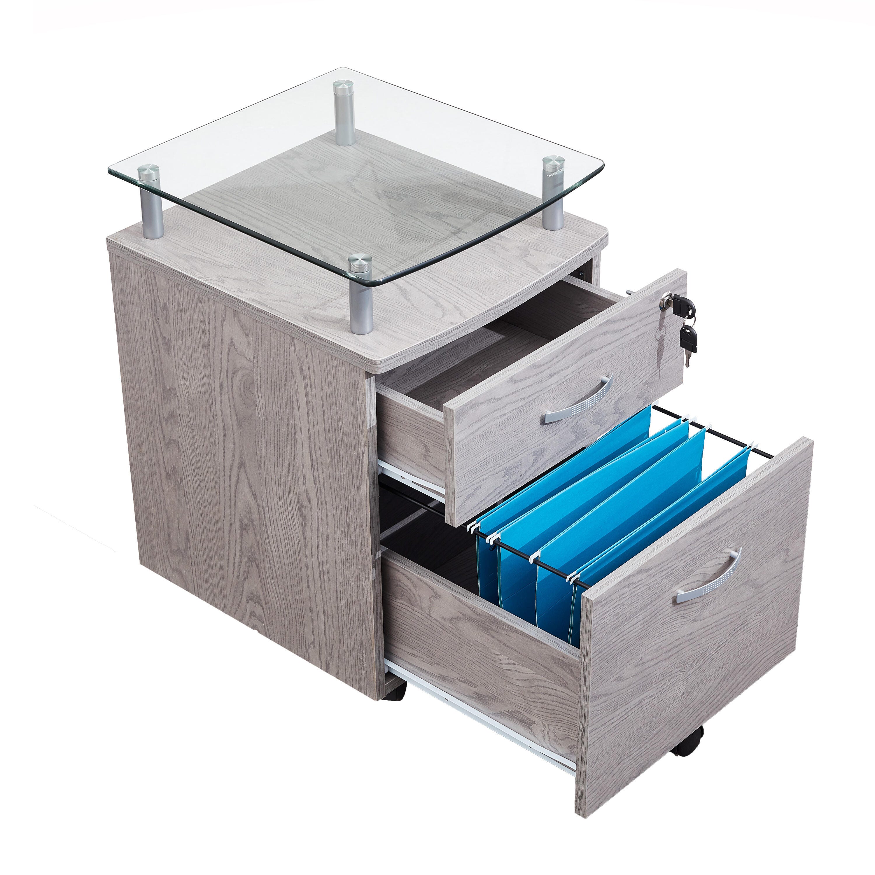 Techni Mobili Rolling File Cabinet with Glass Top, Gray, large