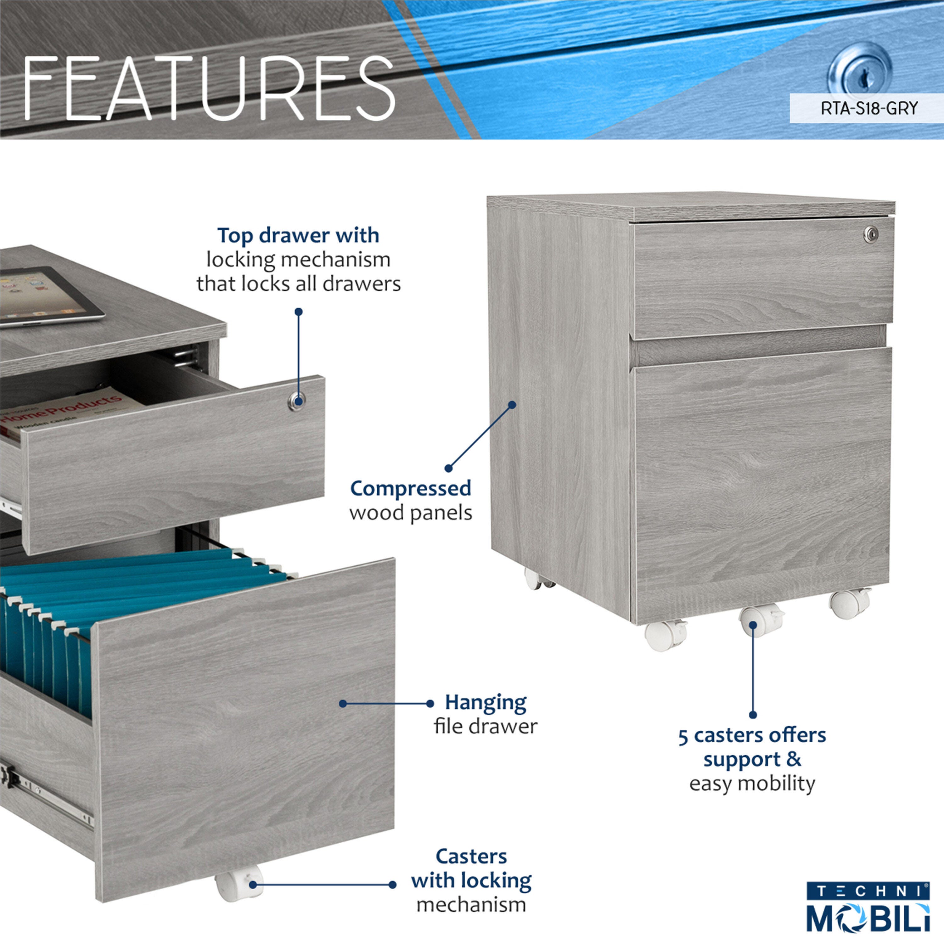 Techni Mobili Rolling Two Drawer Vertical Filing Cabinet, , large