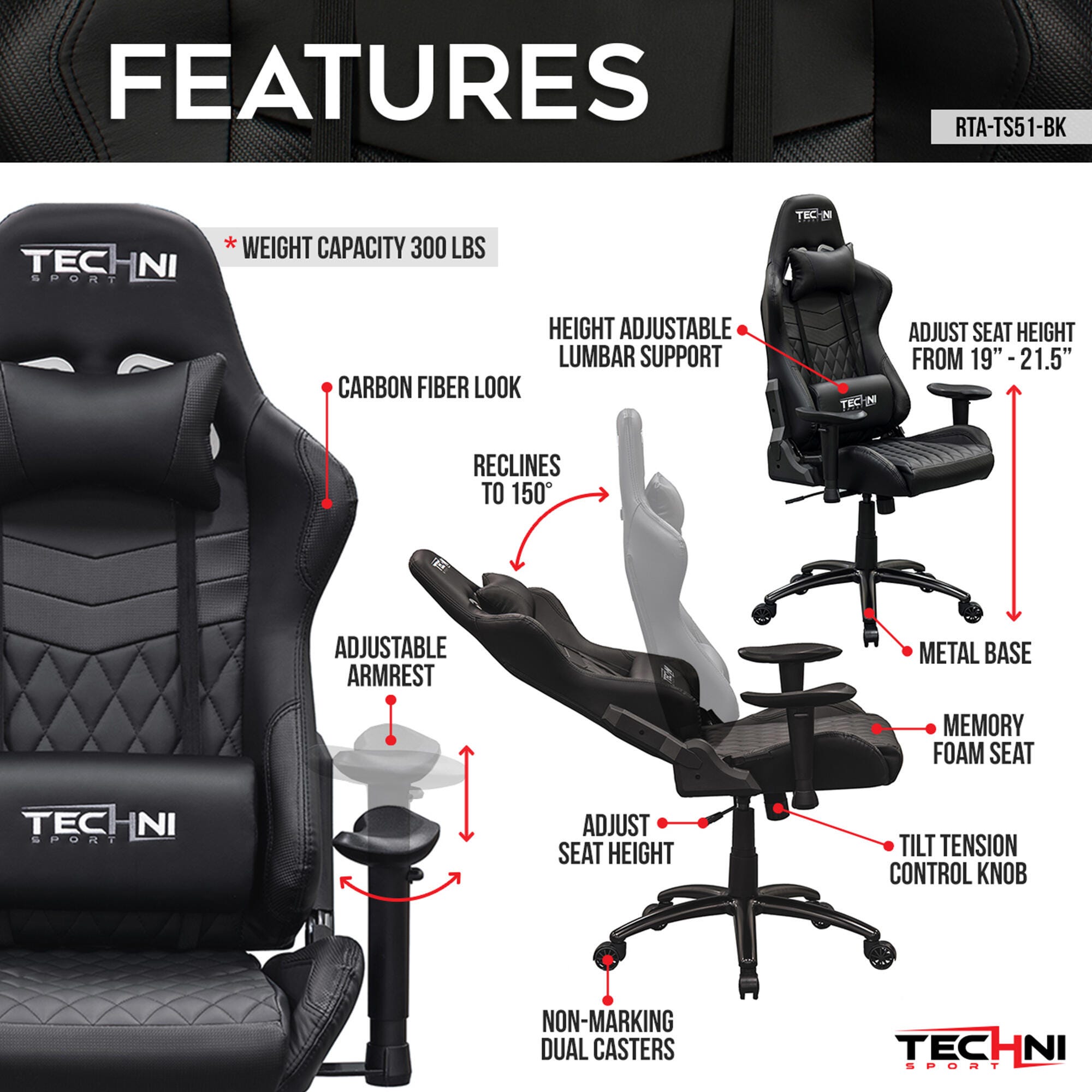 Techni Sport TS-5100 Ergonomic High Back Racer Style PC Gaming Chair, , large