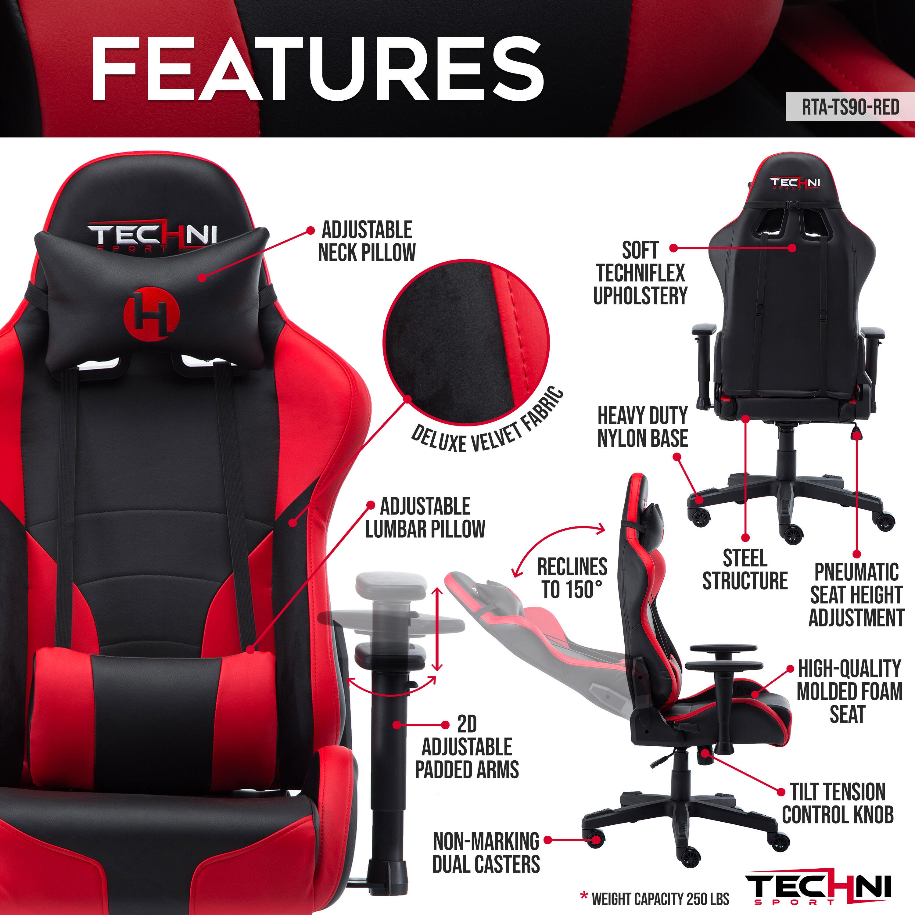 Techni Sport TS-90 PC Gaming Chair, Red, large