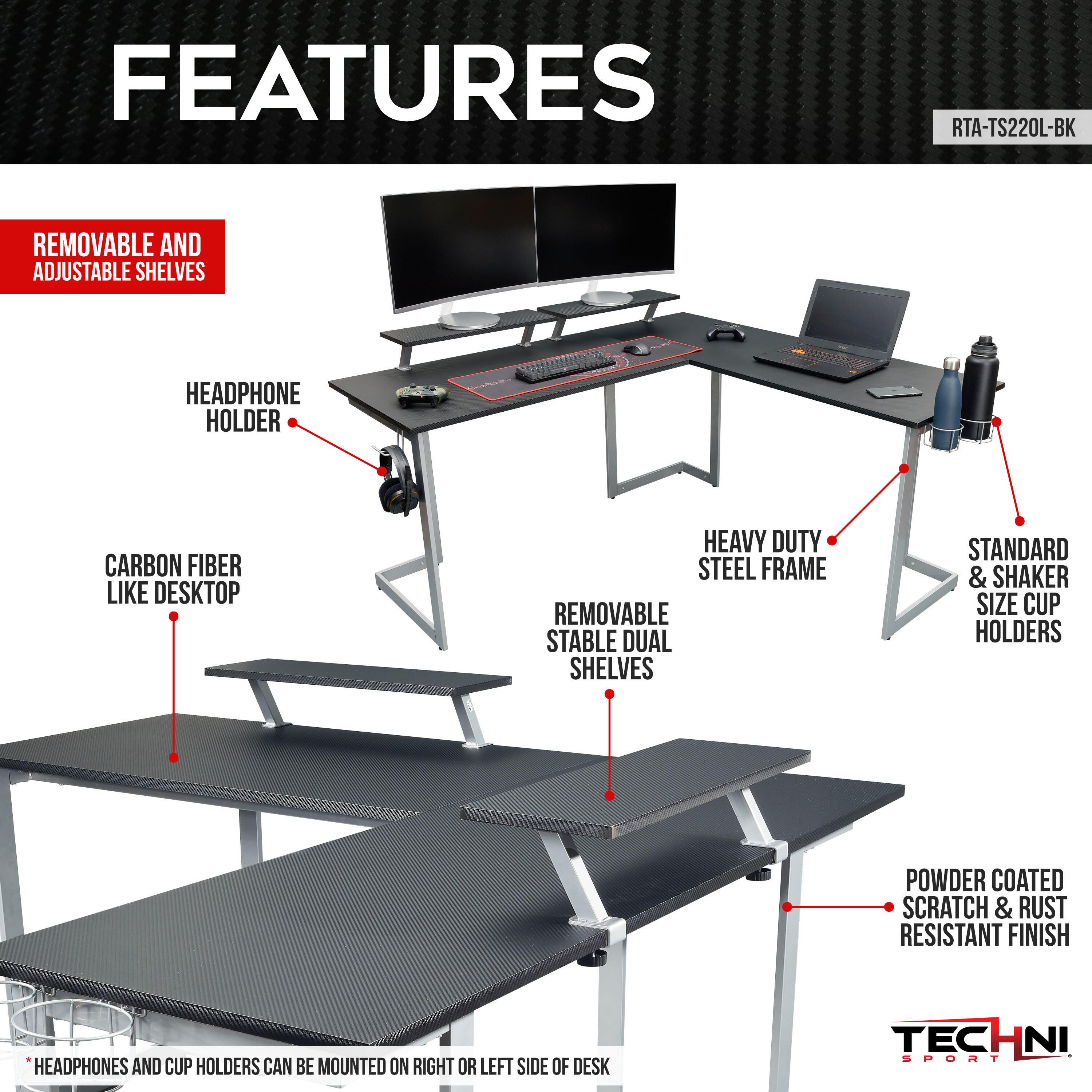 Techni Sport Warrior L-Shaped Gaming Desk, Black, large