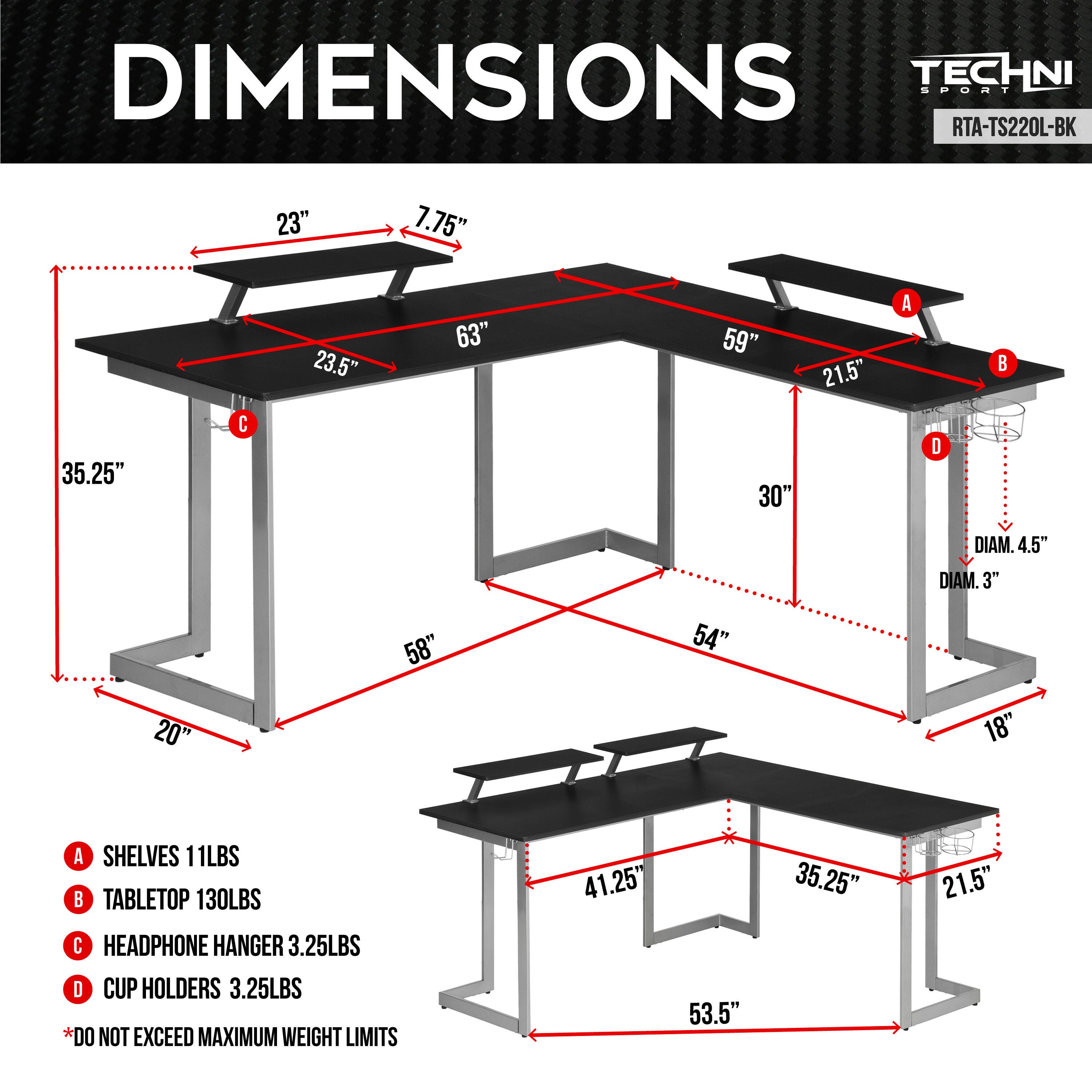 Techni Sport Warrior L-Shaped Gaming Desk, Black, large