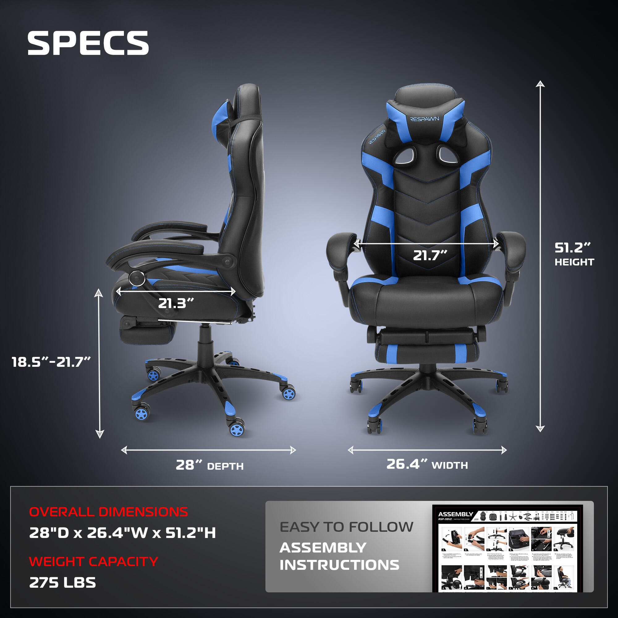 RESPAWN 110 Pro Gaming Chair, Blue, large