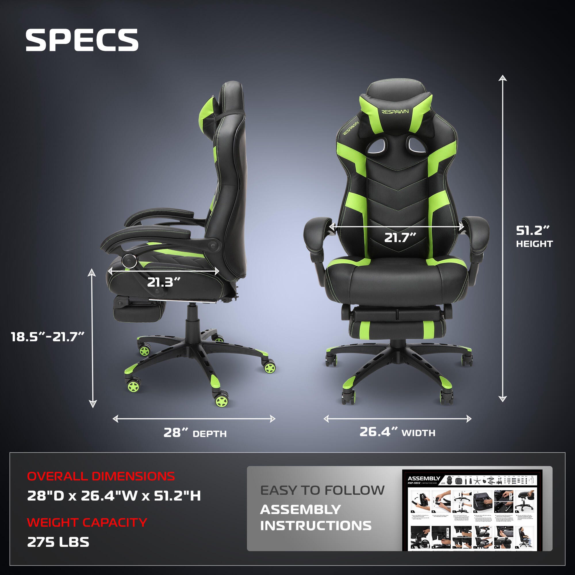 RESPAWN 110 Pro Gaming Chair, Green, large