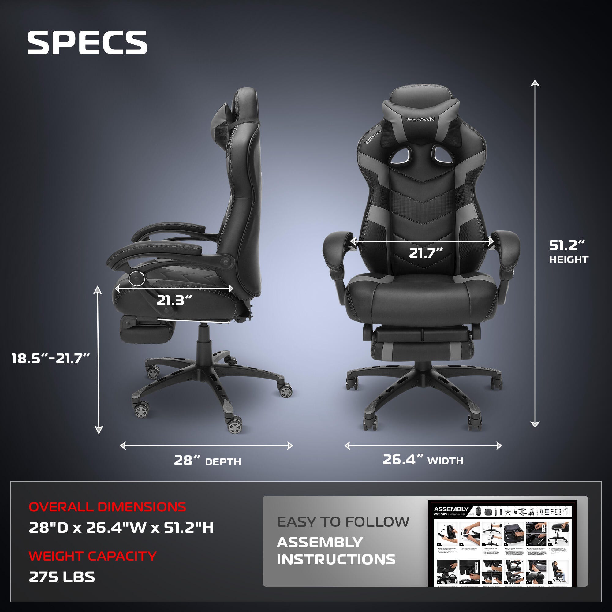 RESPAWN 110 Pro Gaming Chair, Gray, large