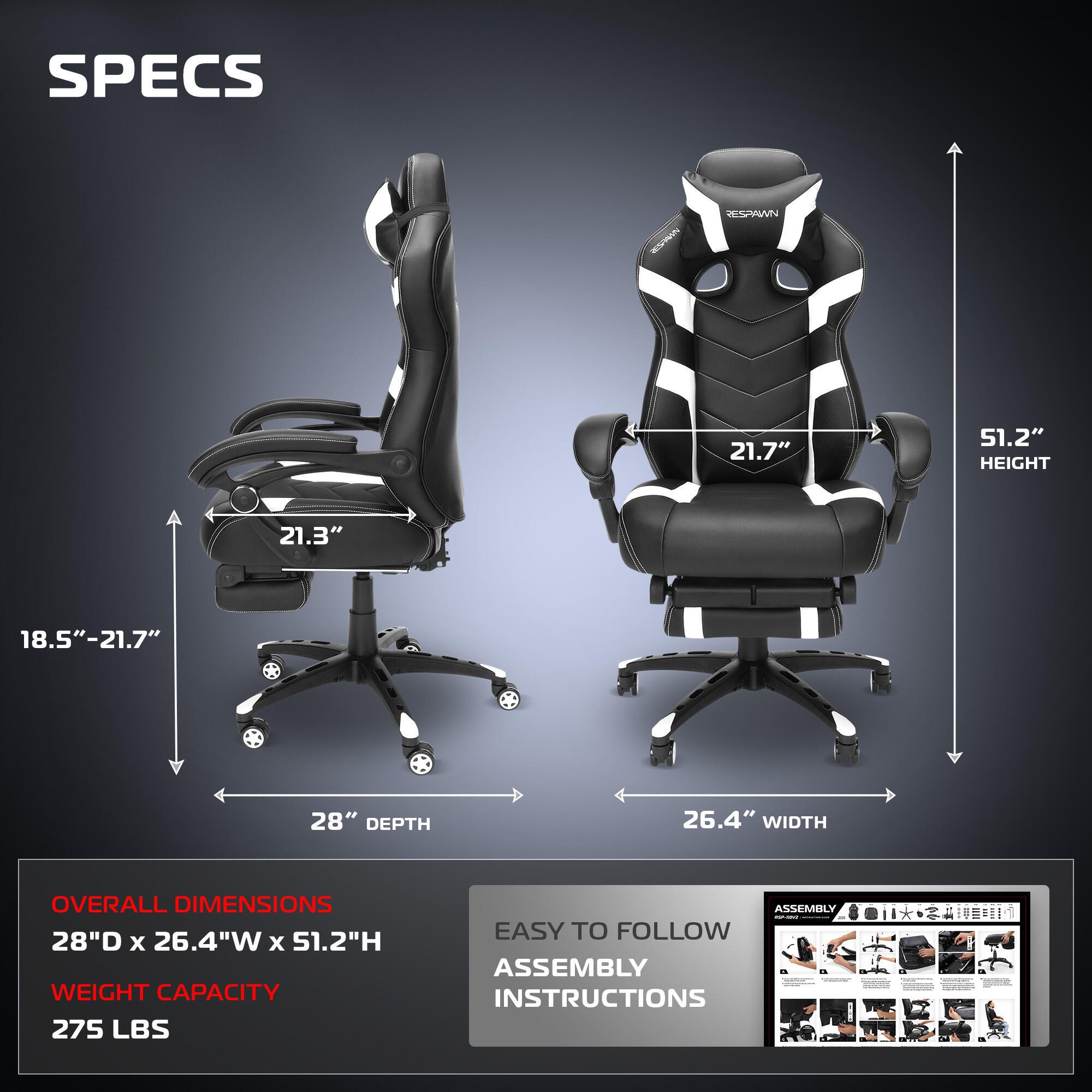 RESPAWN 110 Pro Gaming Chair, White, large