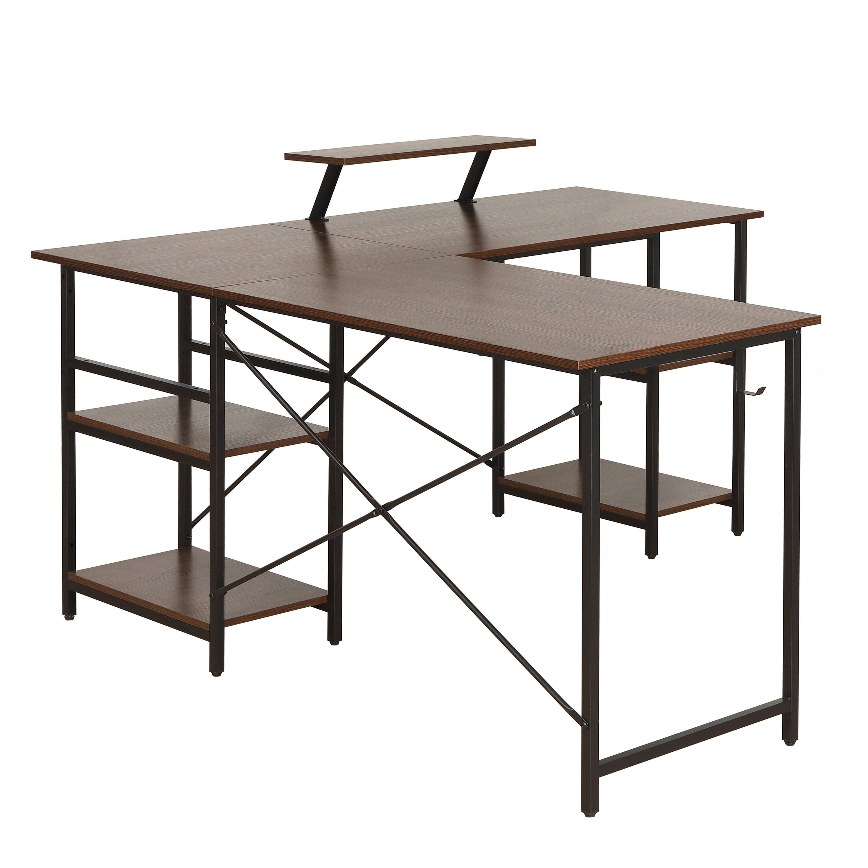 Techni Mobili L-Shape Industrial Desk with storage shelves, Walnut, , large
