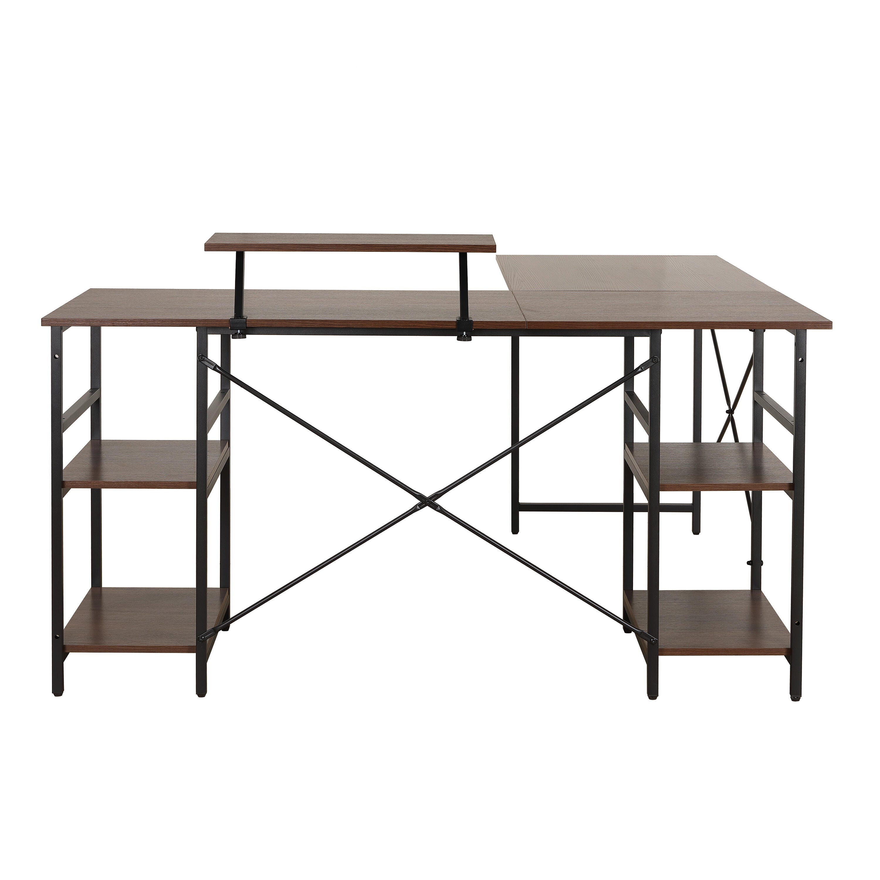 Techni Mobili L-Shape Industrial Desk with storage shelves, Walnut, , large