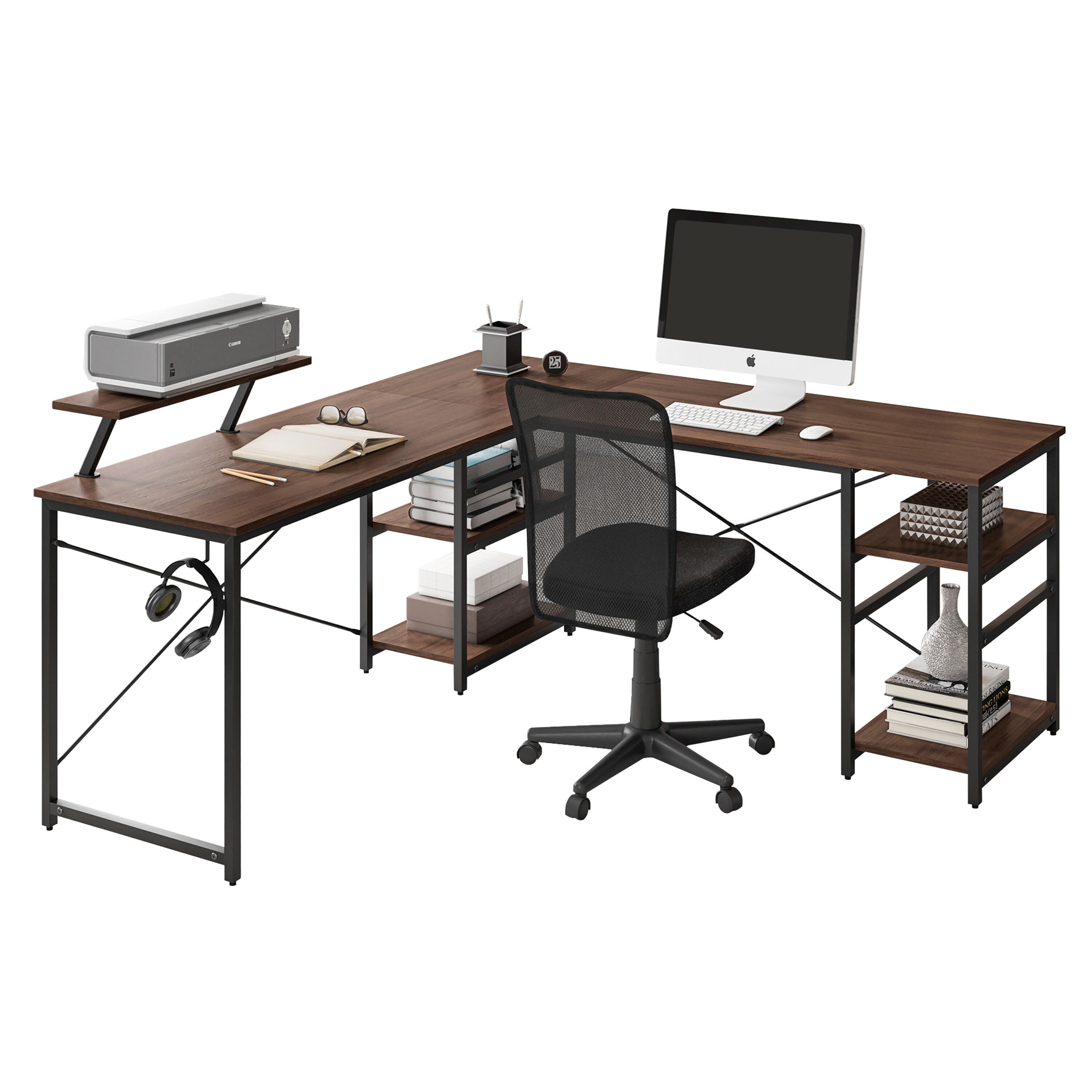 Techni Mobili L-Shape Industrial Desk with storage shelves, Walnut, , large