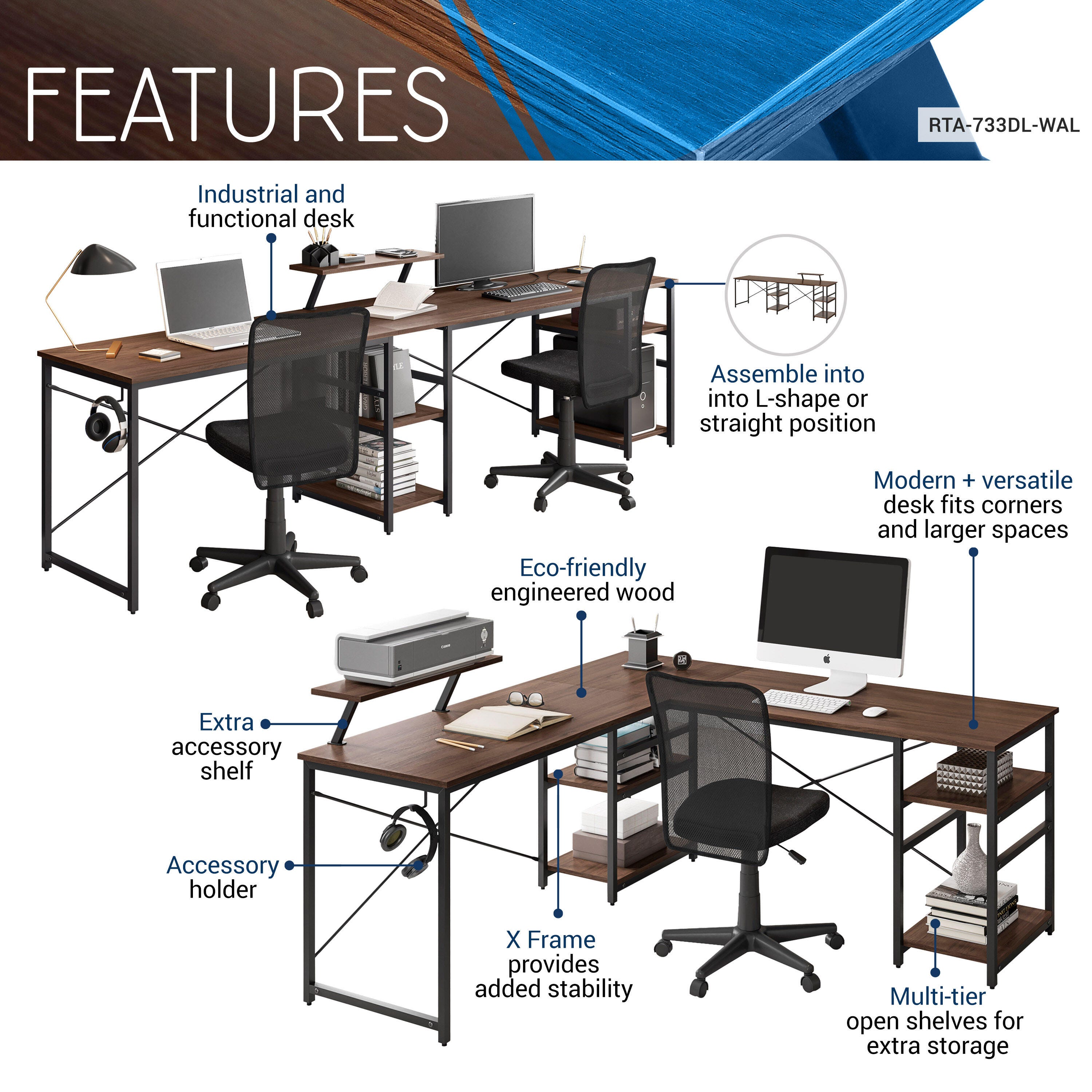 Techni Mobili L-Shape Industrial Desk with storage shelves, Walnut, , large