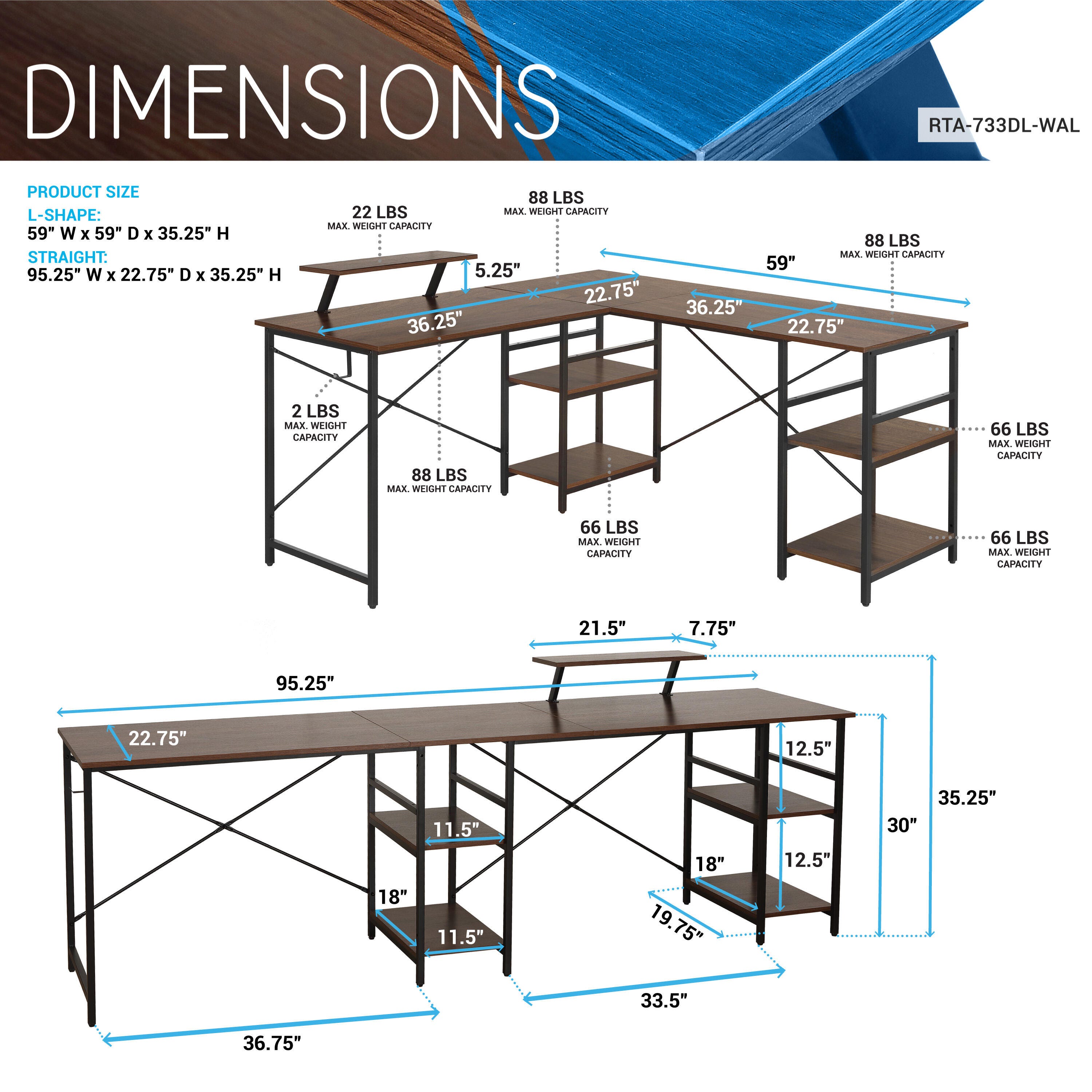 Techni Mobili L-Shape Industrial Desk with storage shelves, Walnut, , large