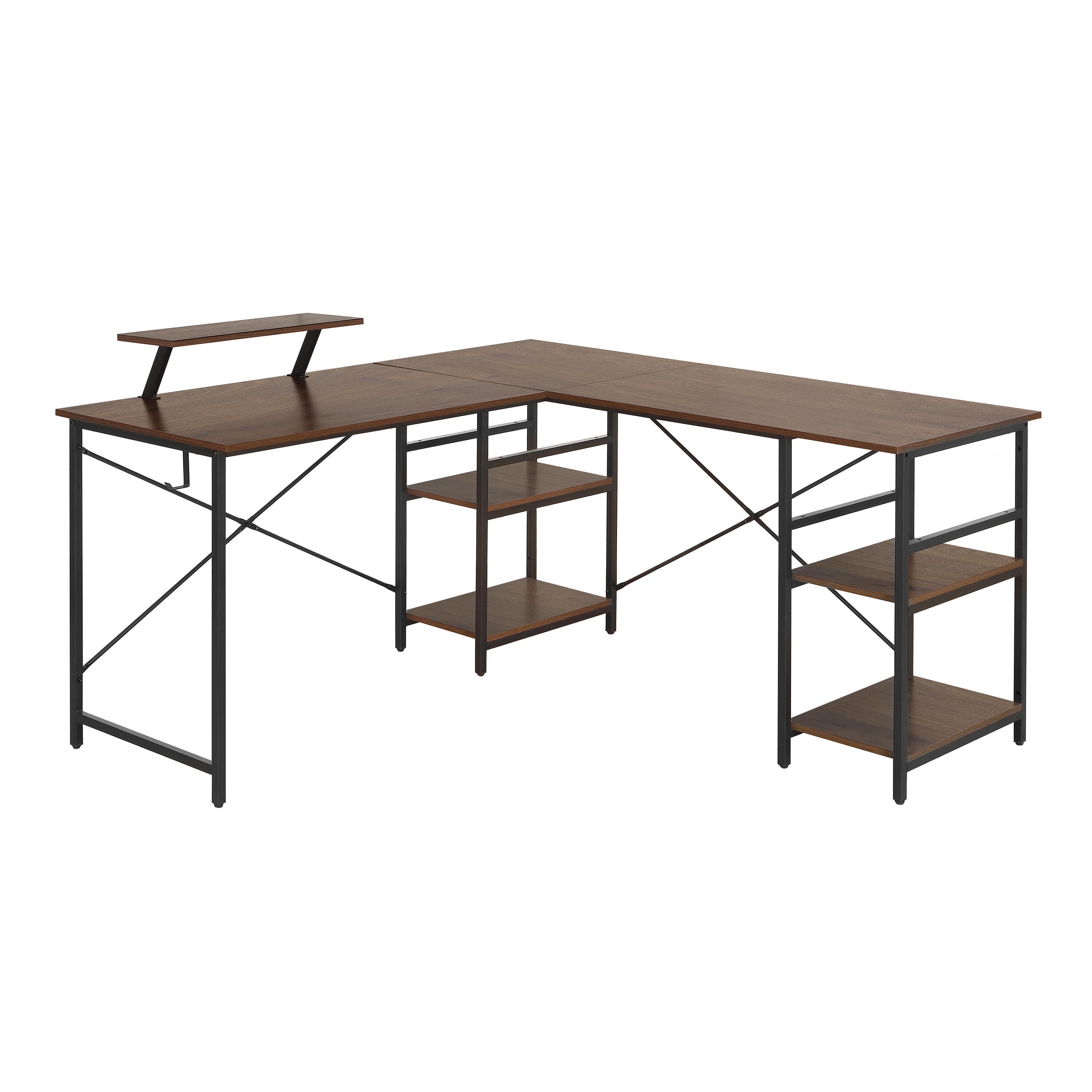 Techni Mobili L-Shape Industrial Desk with storage shelves, Walnut, , large