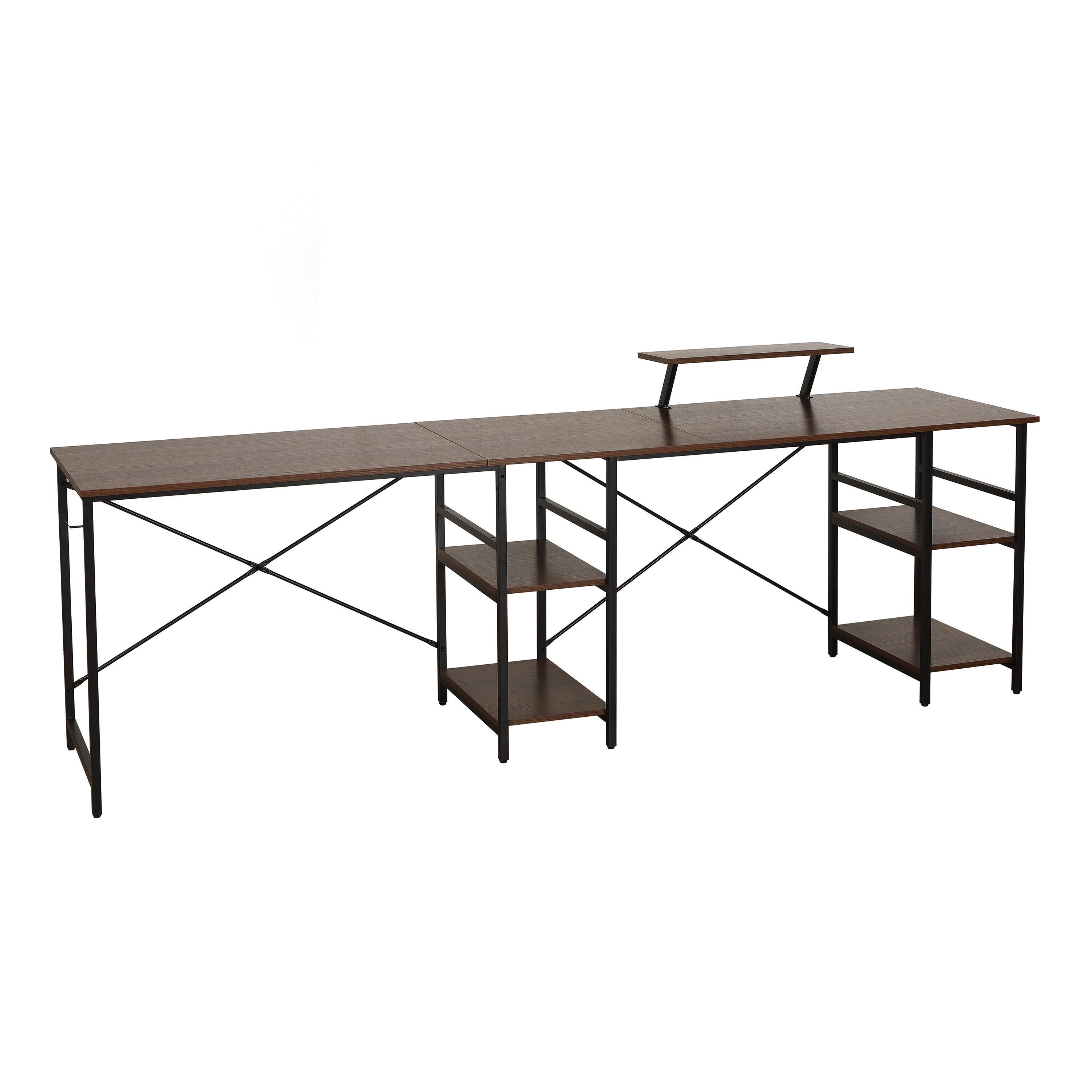 Techni Mobili L-Shape Industrial Desk with storage shelves, Walnut, , large