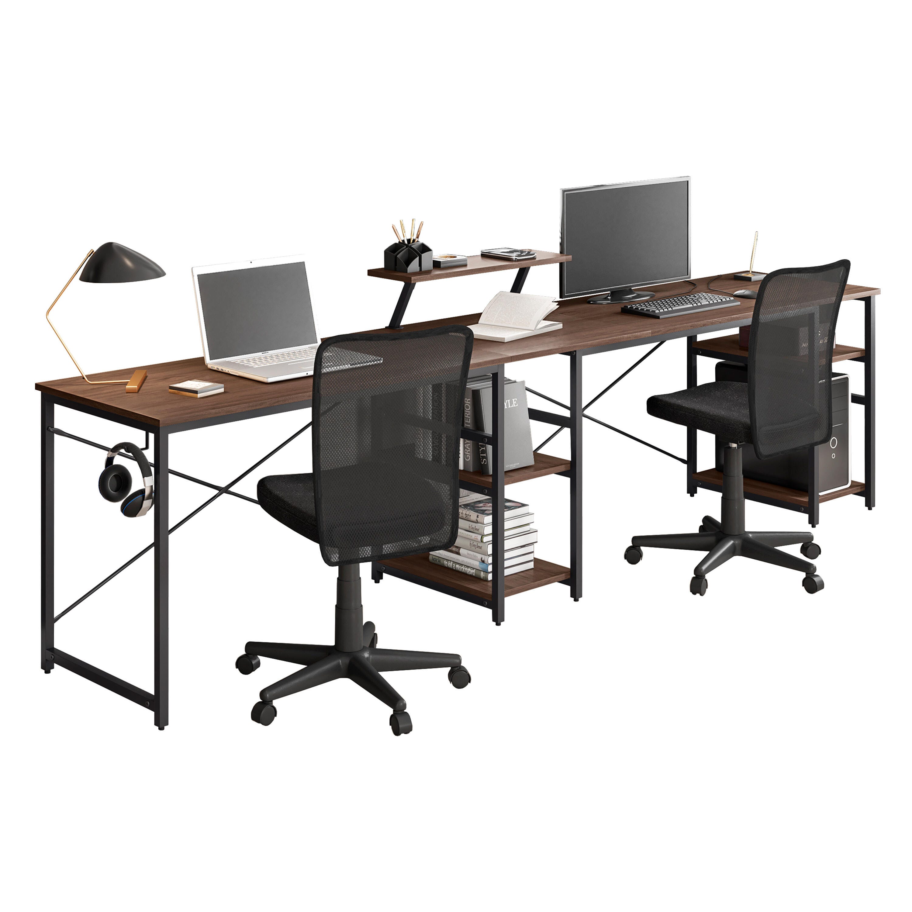 Techni Mobili L-Shape Industrial Desk with storage shelves, Walnut, , large