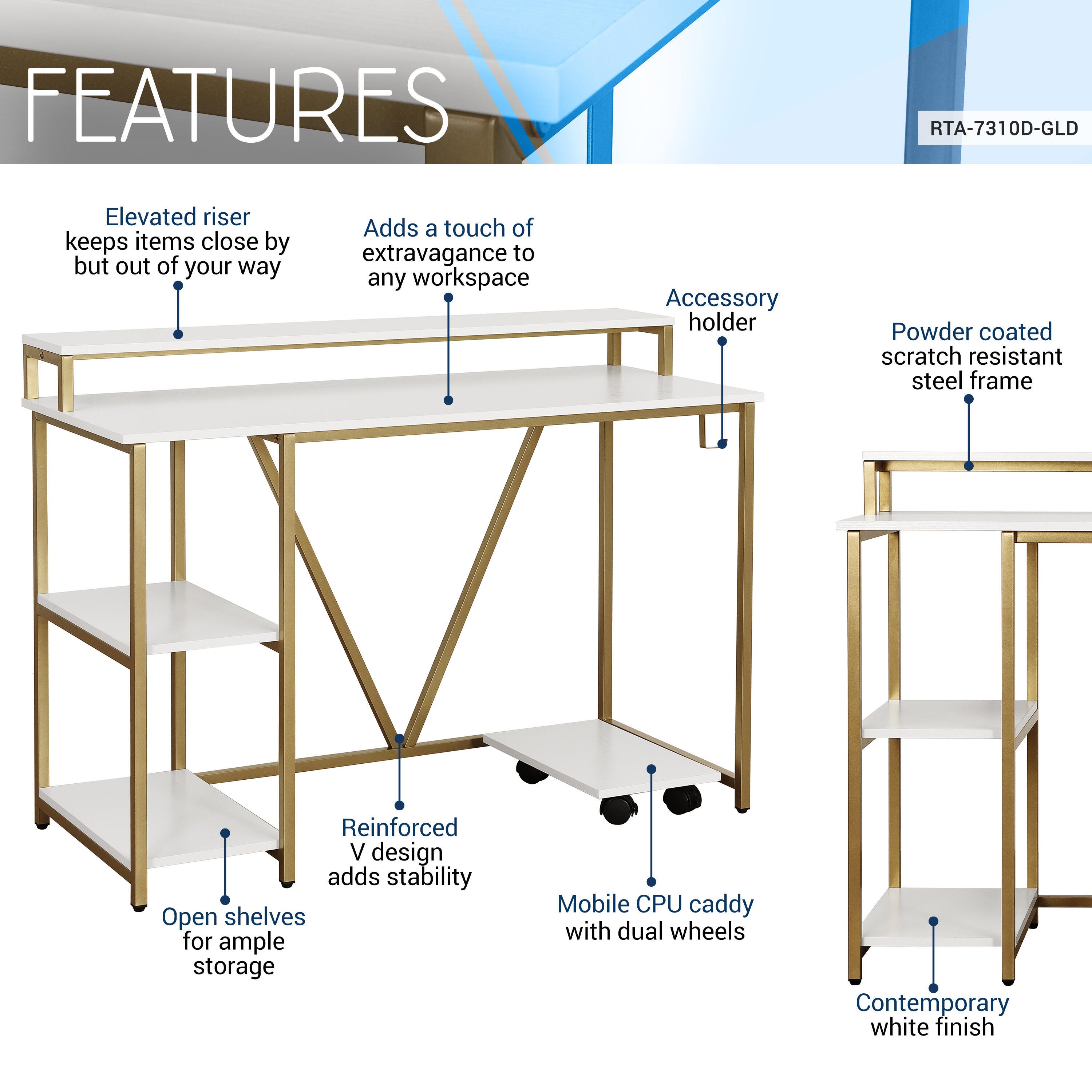 Techni Mobili Industrial Writing Desk, Gold, , large