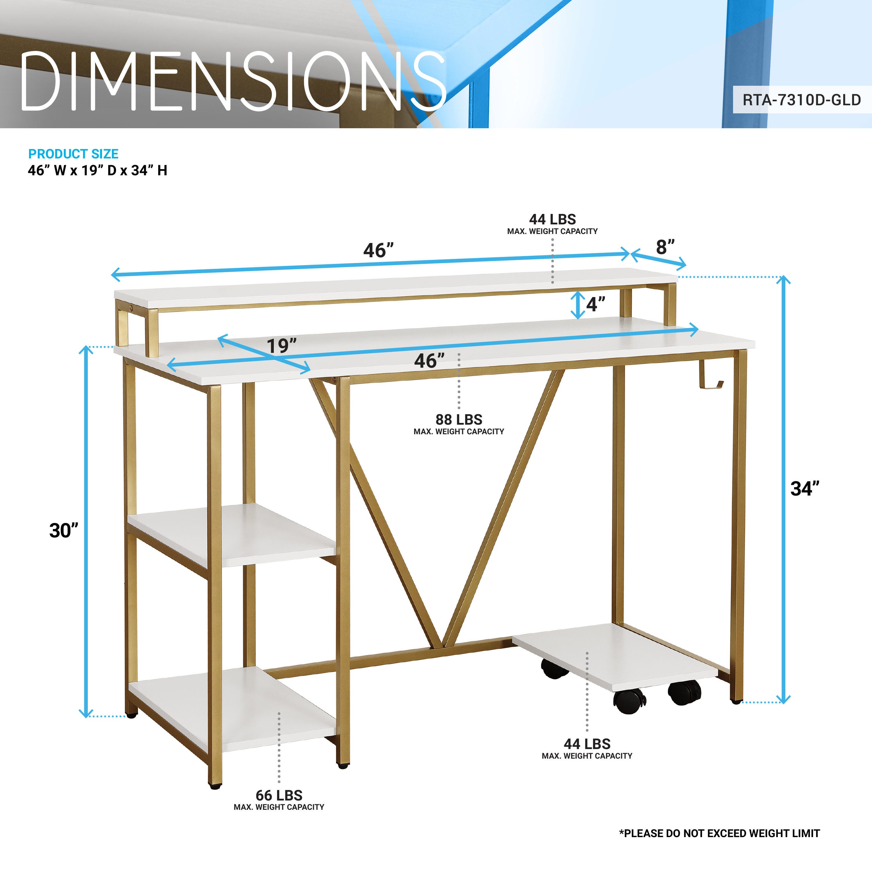 Techni Mobili Industrial Writing Desk, Gold, , large