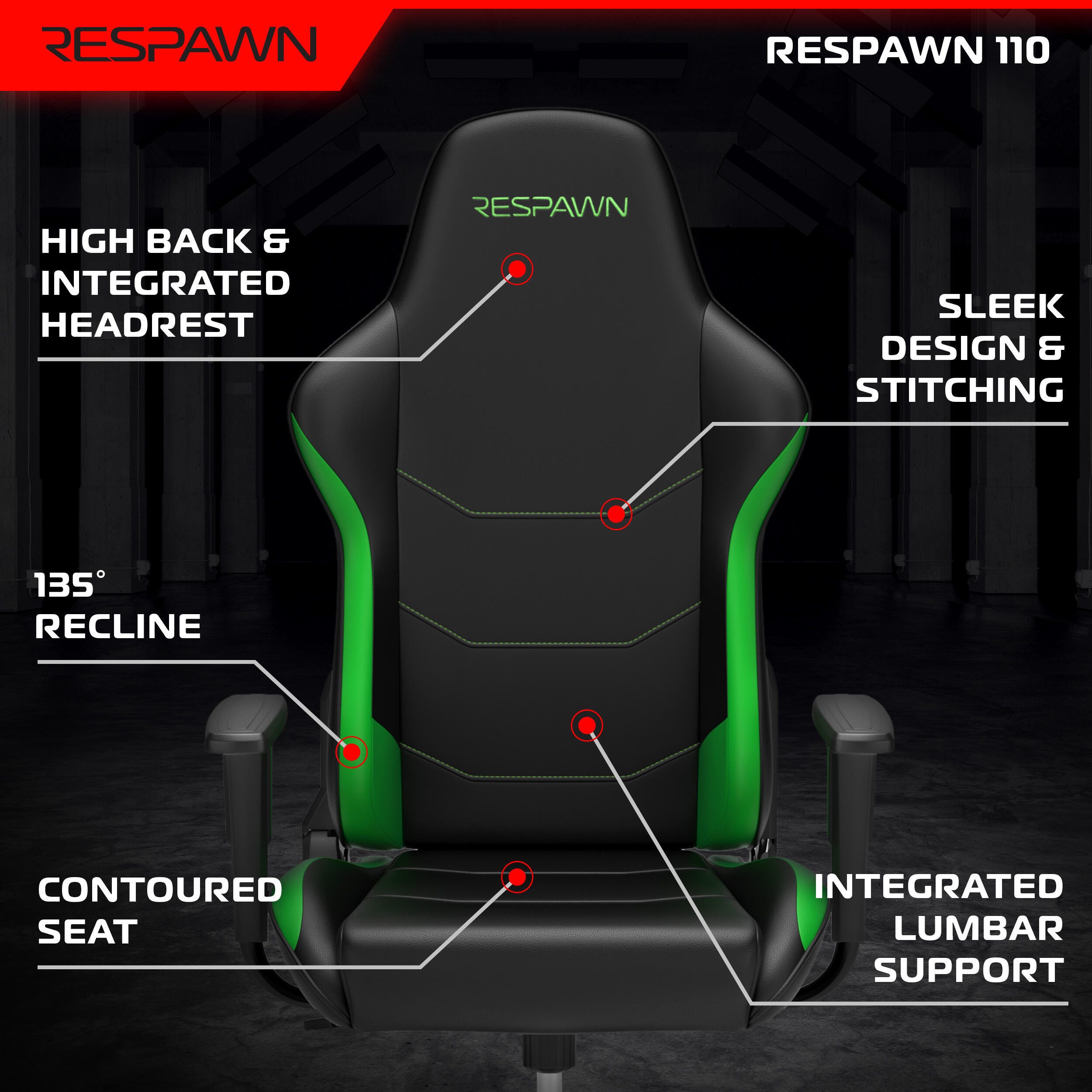 RESPAWN 110 Ergonomic Gaming Chair, Green, large
