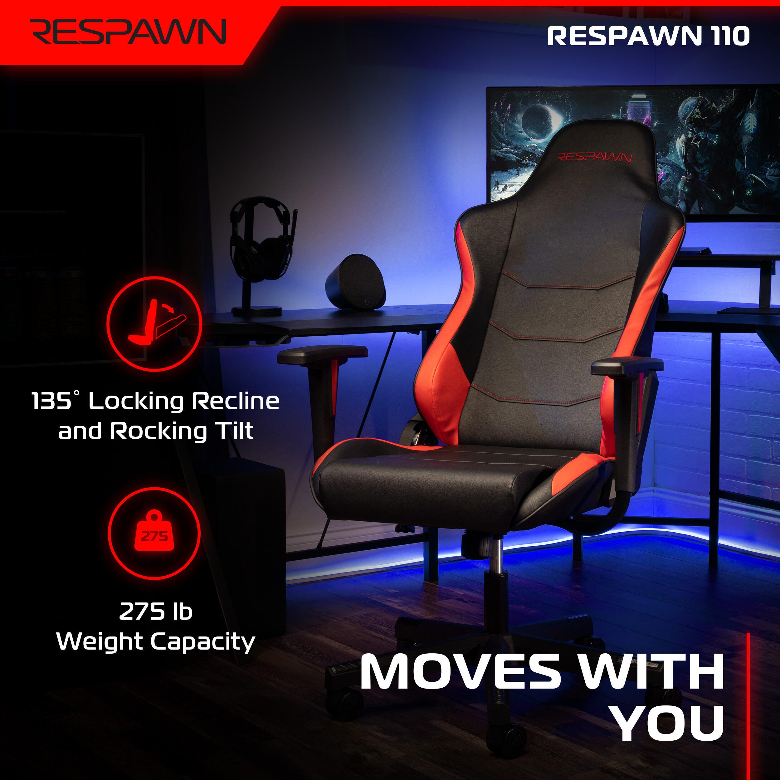 RESPAWN 110 Ergonomic Gaming Chair, Red, large