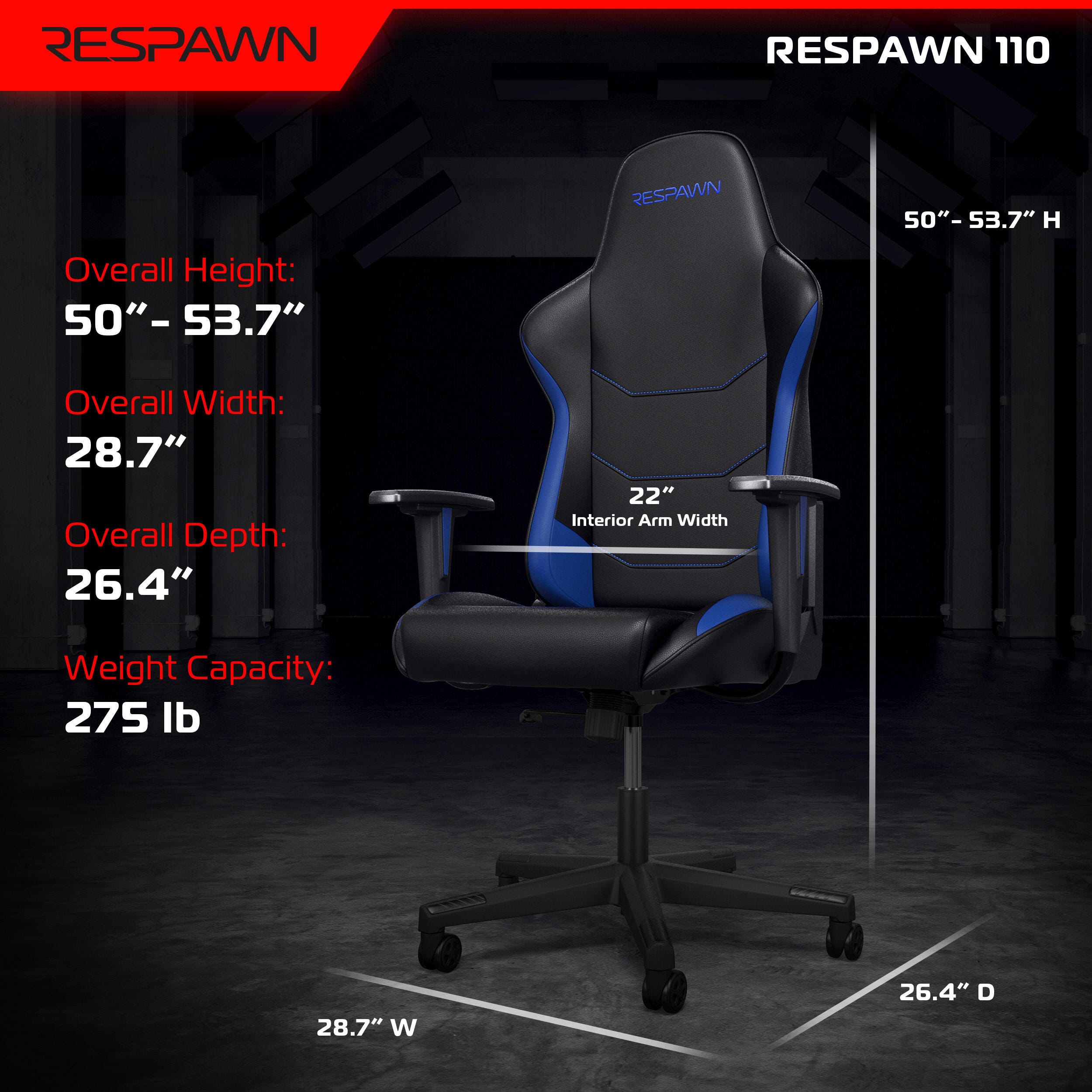 RESPAWN 110 Ergonomic Gaming Chair, Blue, large
