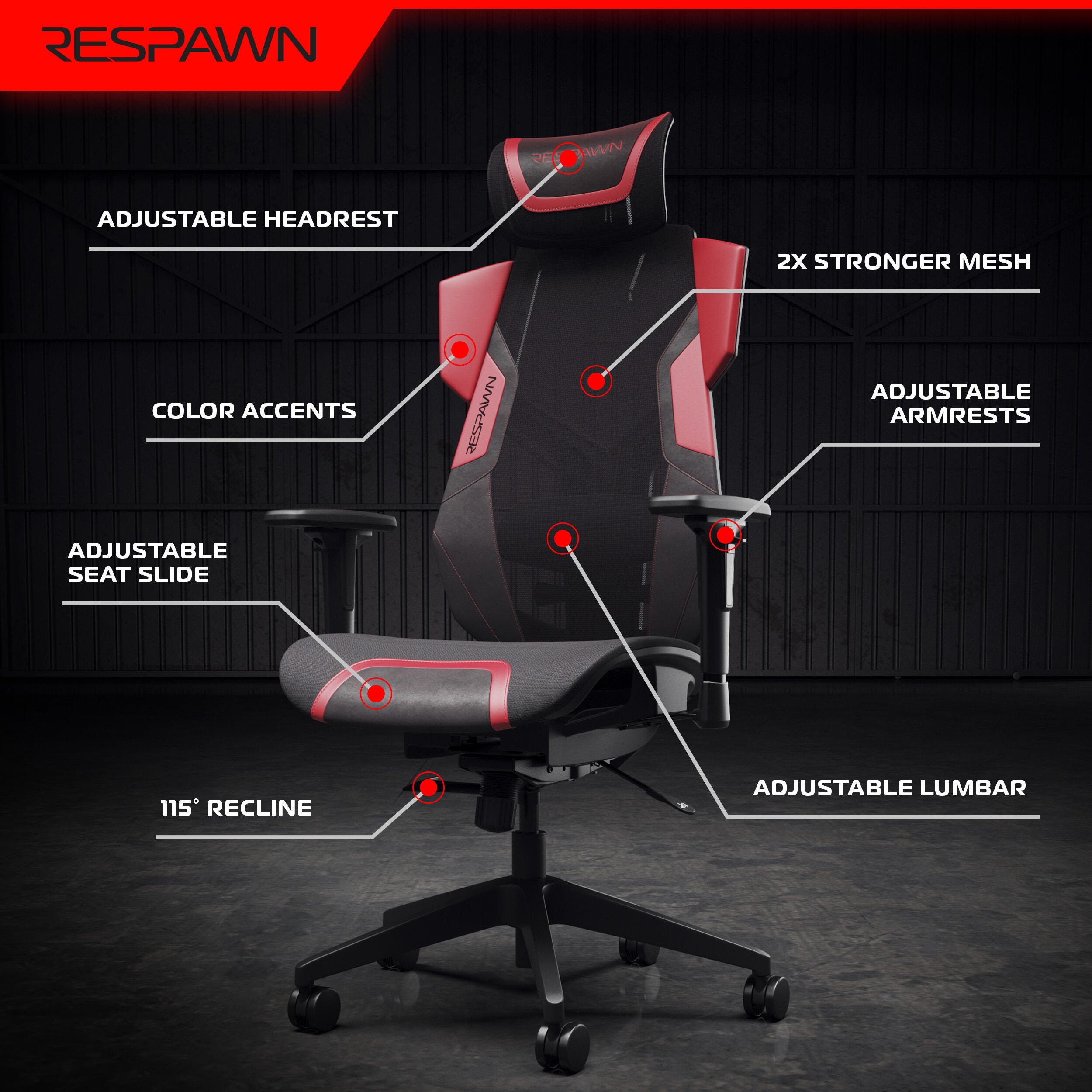 RESPAWN FLEXX Mesh Gaming Chair, Red, large