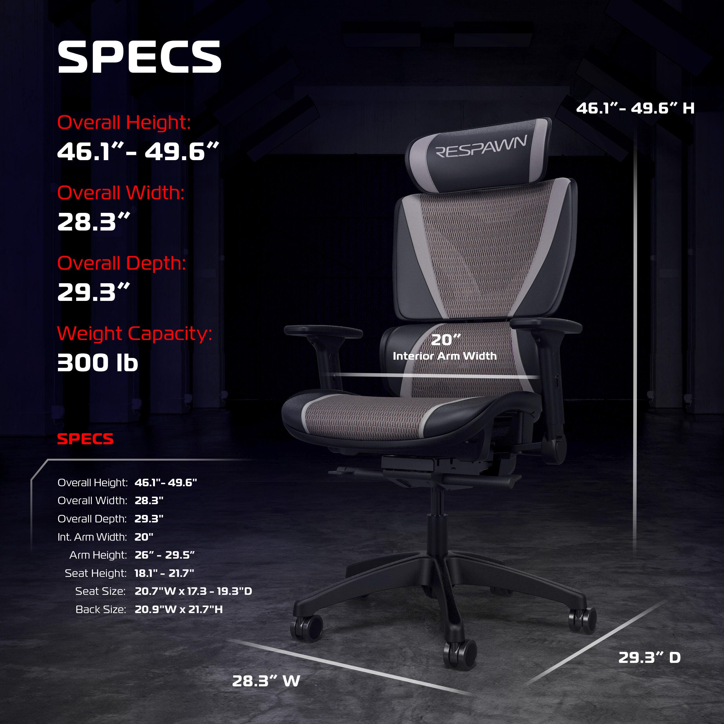 RESPAWN SPECTER Mesh Gaming Chair, Gray, large