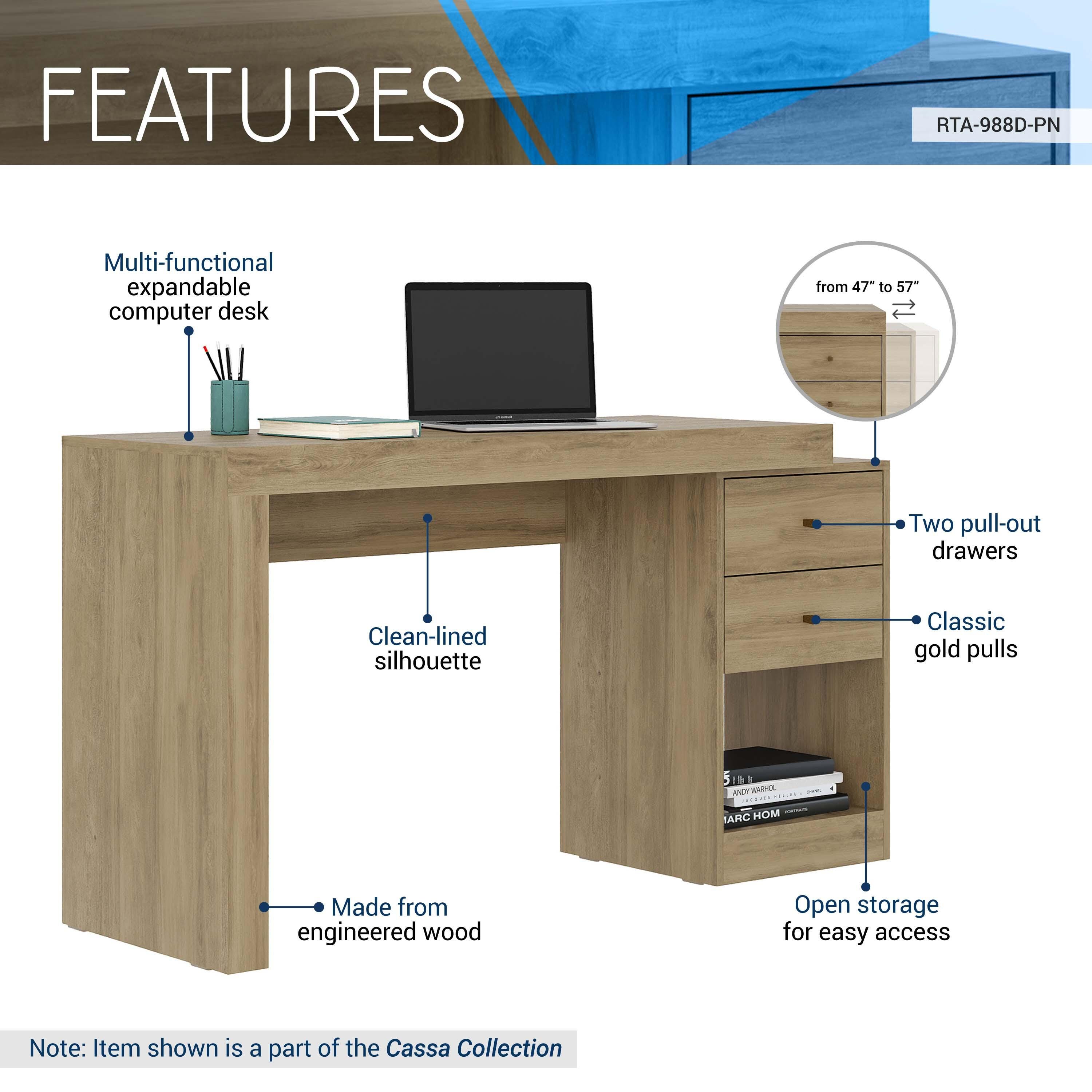 Techni Mobili 47" Expandable Home Office Desk, Pine, large