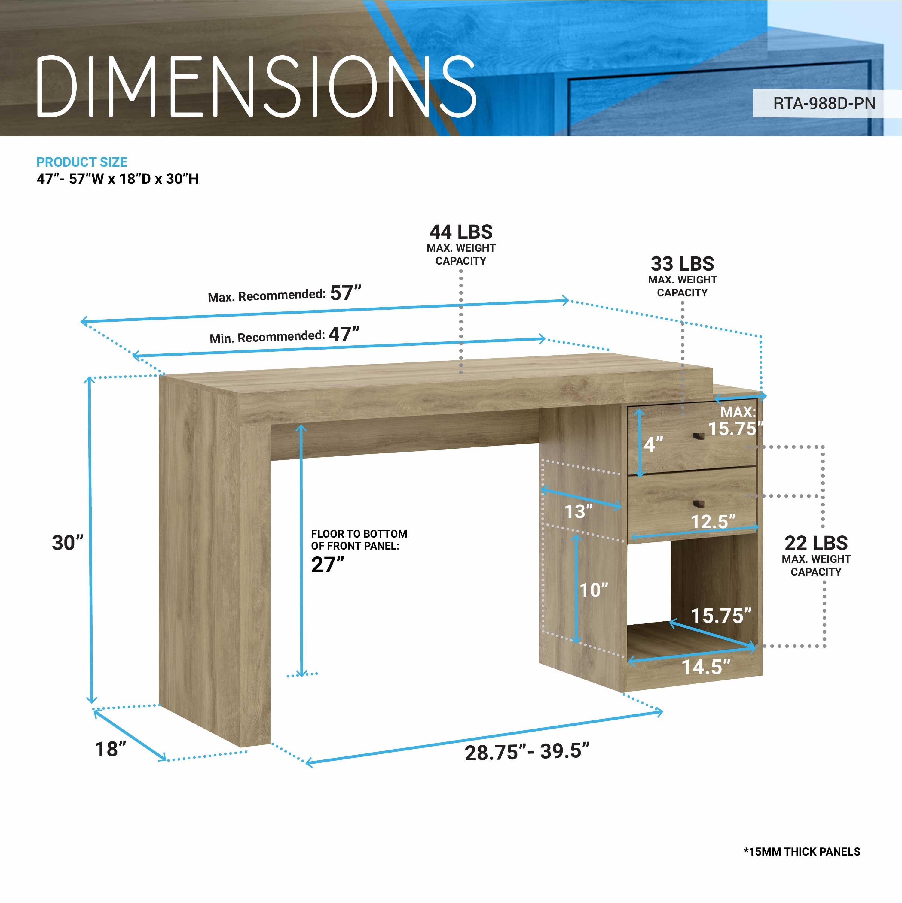 Techni Mobili 47" Expandable Home Office Desk, Pine, large