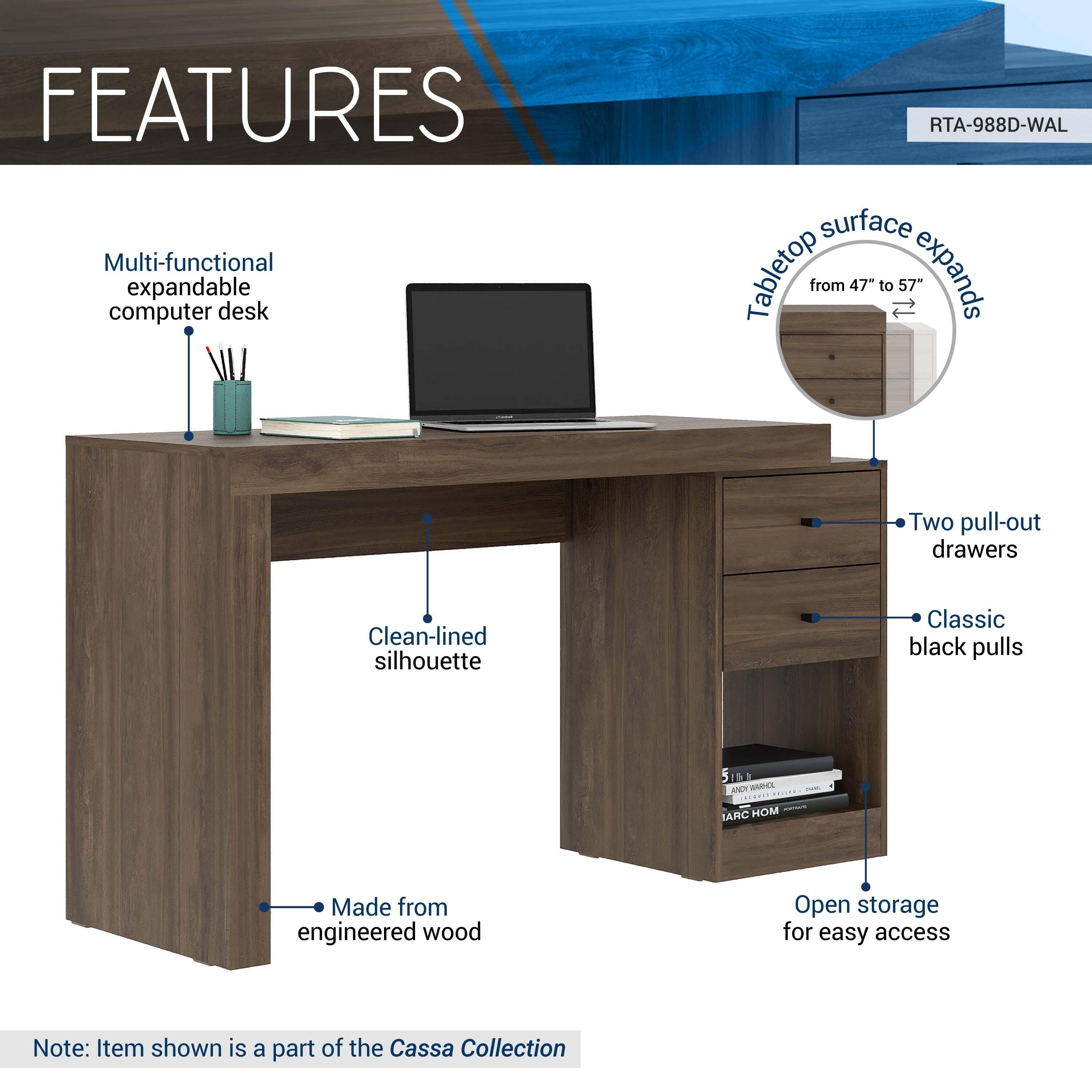 Techni Mobili 47" Expandable Home Office Desk, Walnut, large