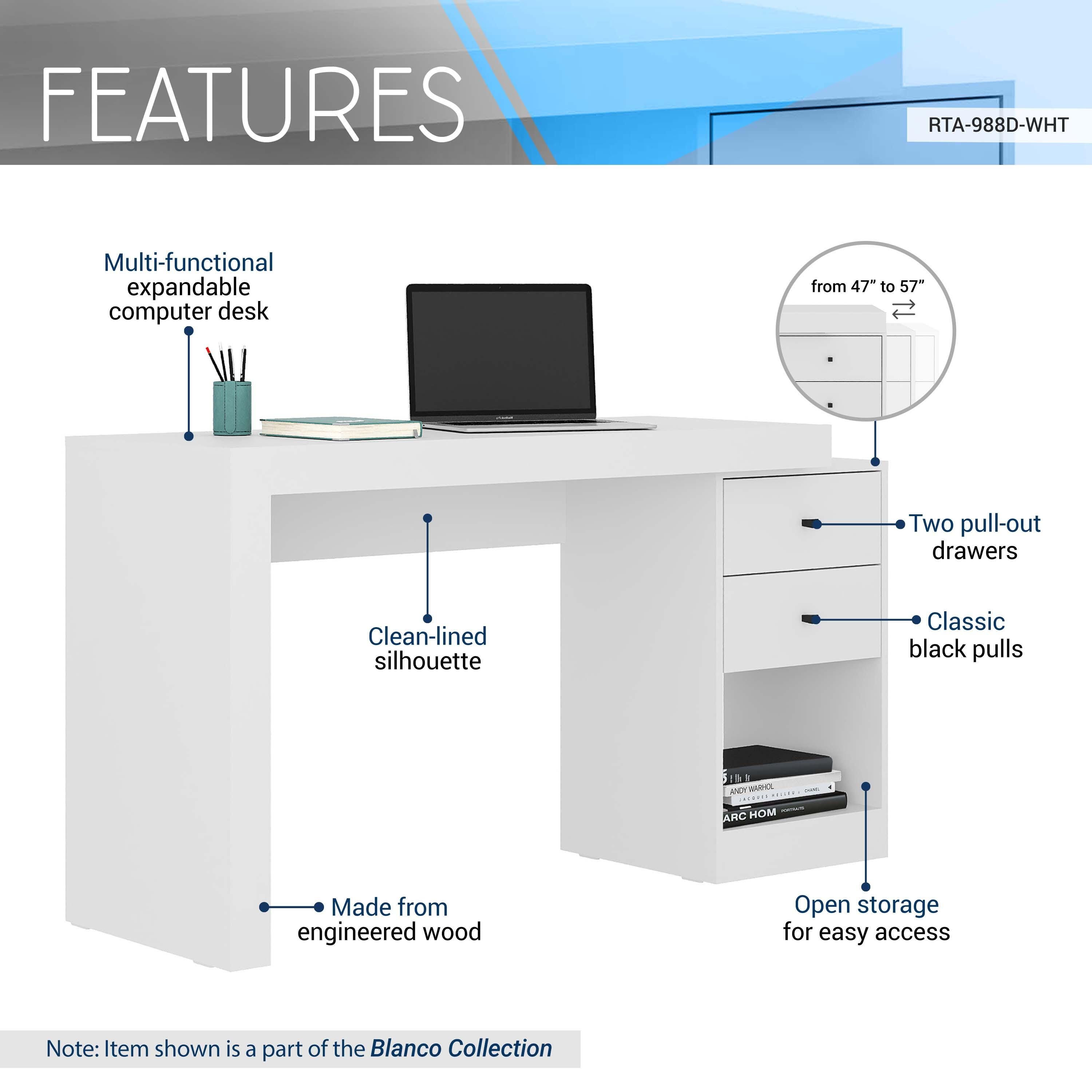 Techni Mobili 47" Expandable Home Office Desk, White, large